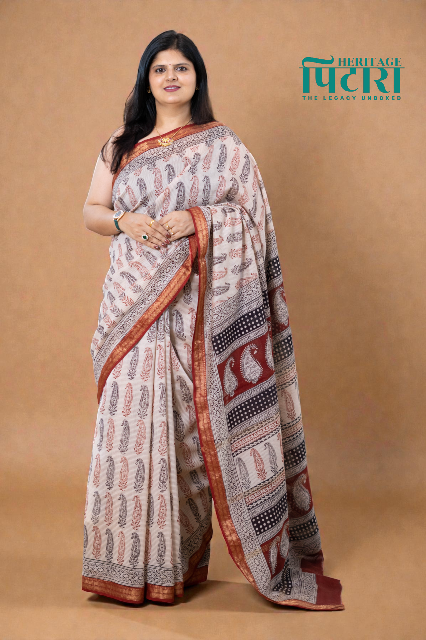 Handwoven Bagh Print Maheshwari Silk Saree with Paisley Design