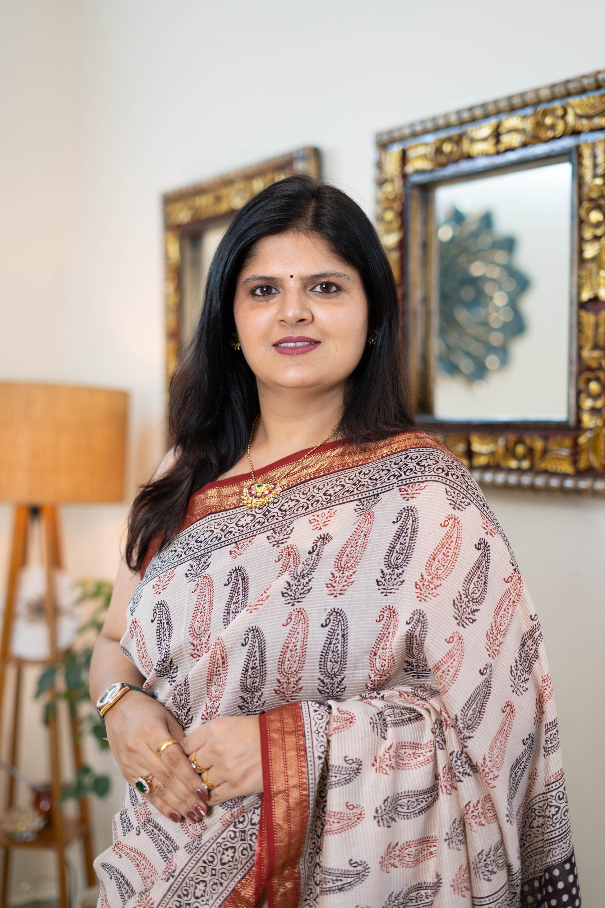Handwoven Bagh Print Maheshwari Silk Saree with Paisley Design