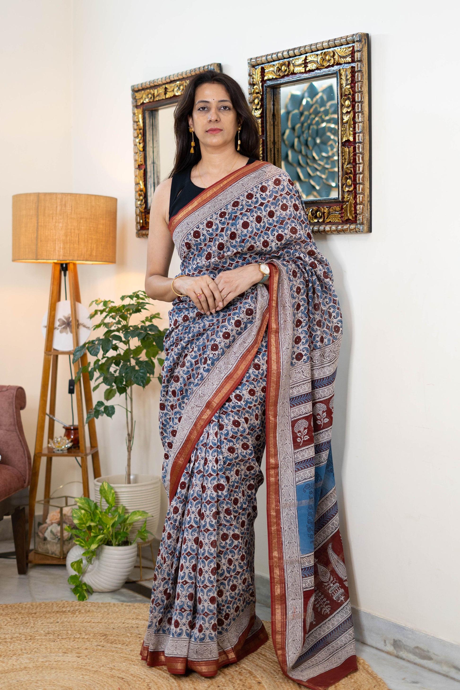 Handwoven Bagh Print Maheshwari Silk Saree with Traditional Borders