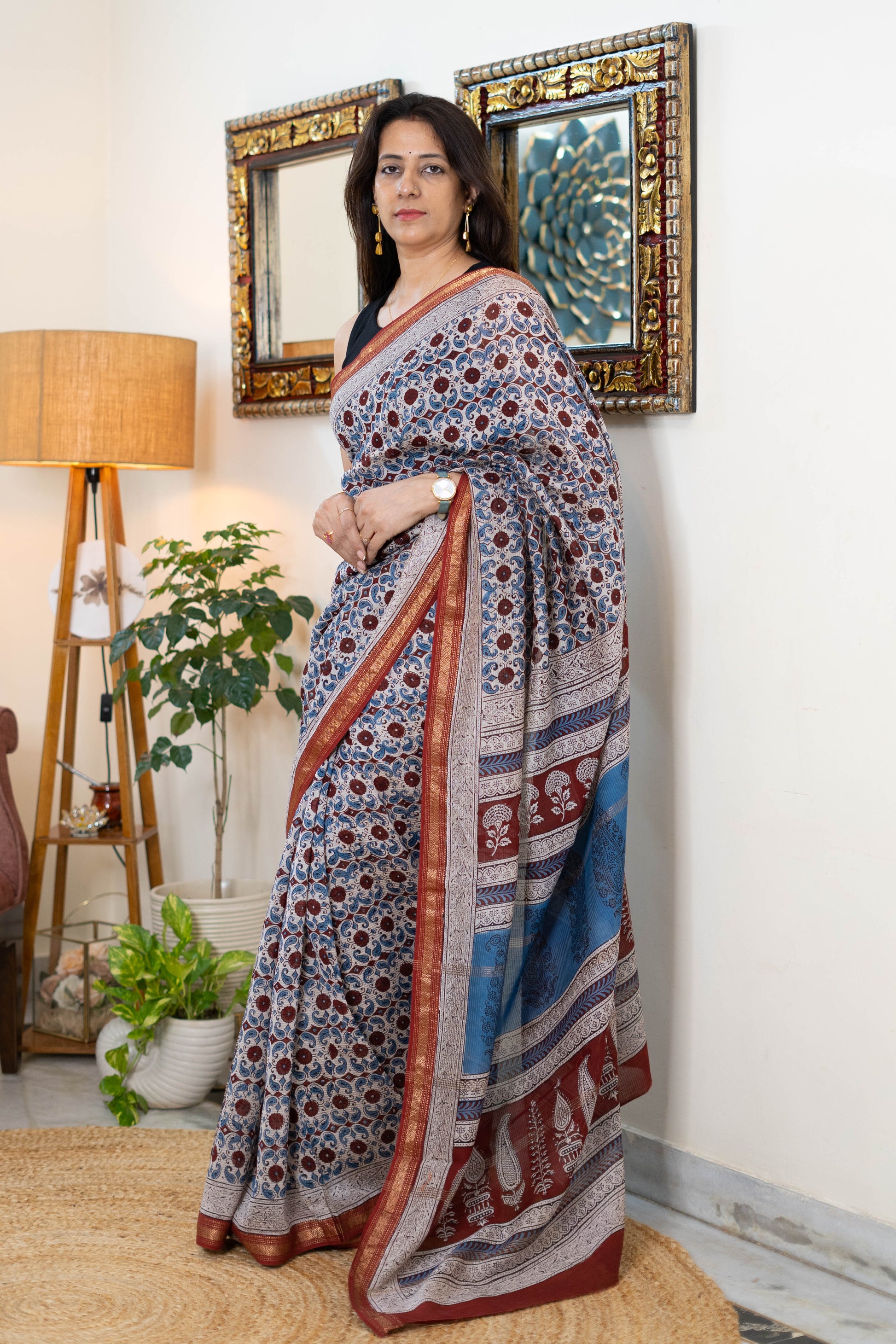 Handwoven Bagh Print Maheshwari Silk Saree with Traditional Borders