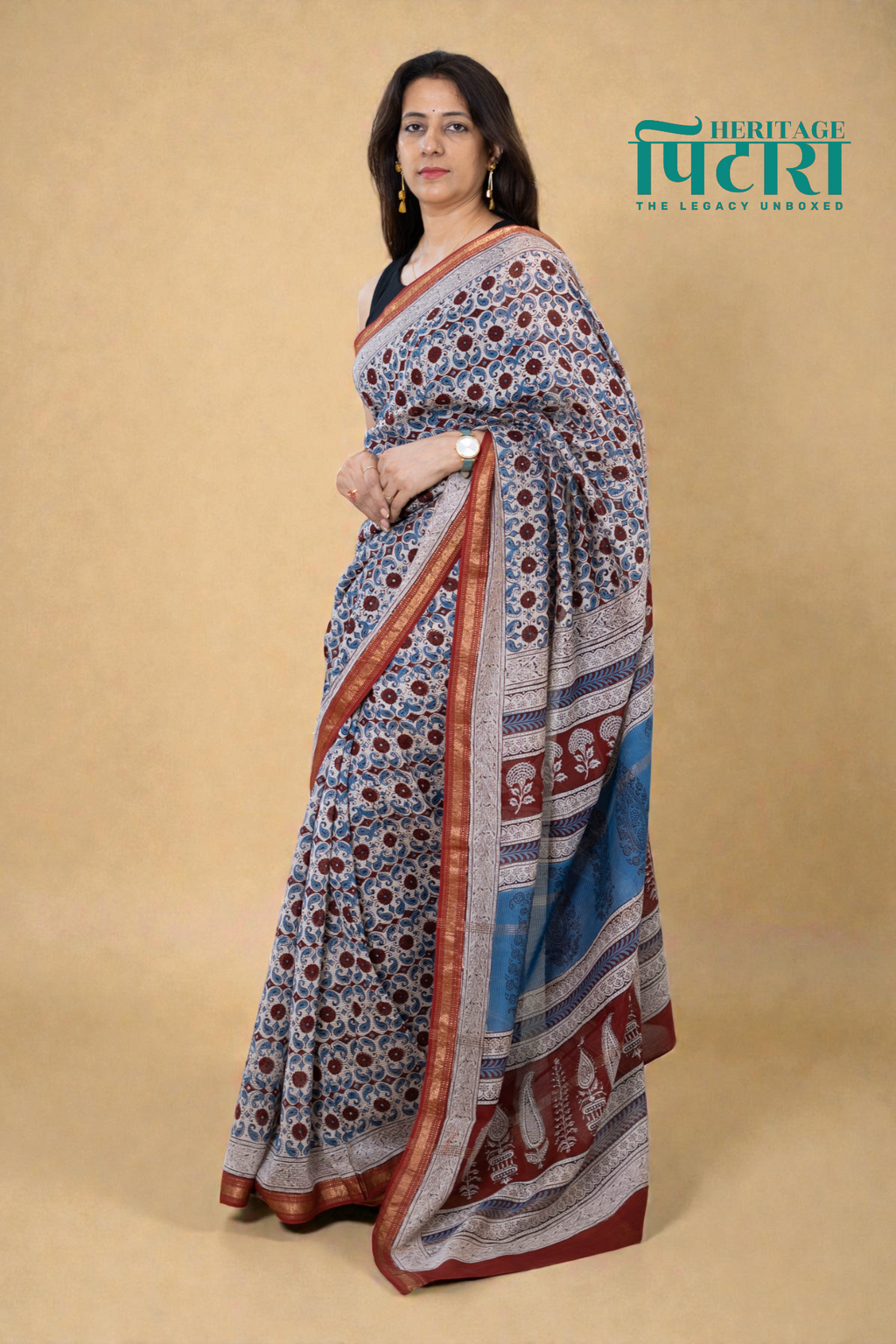 Handwoven Bagh Print Maheshwari Silk Saree with Traditional Borders