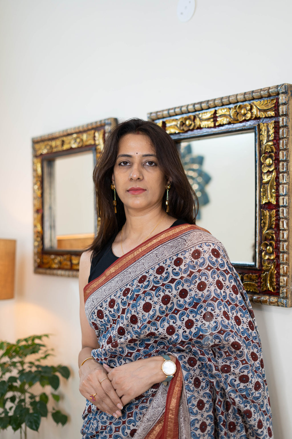 Handwoven Bagh Print Maheshwari Silk Saree with Traditional Borders