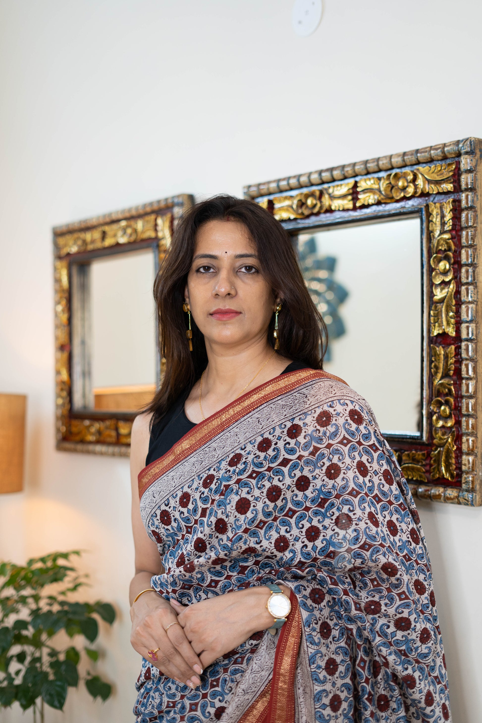 Handwoven Bagh Print Maheshwari Silk Saree with Traditional Borders