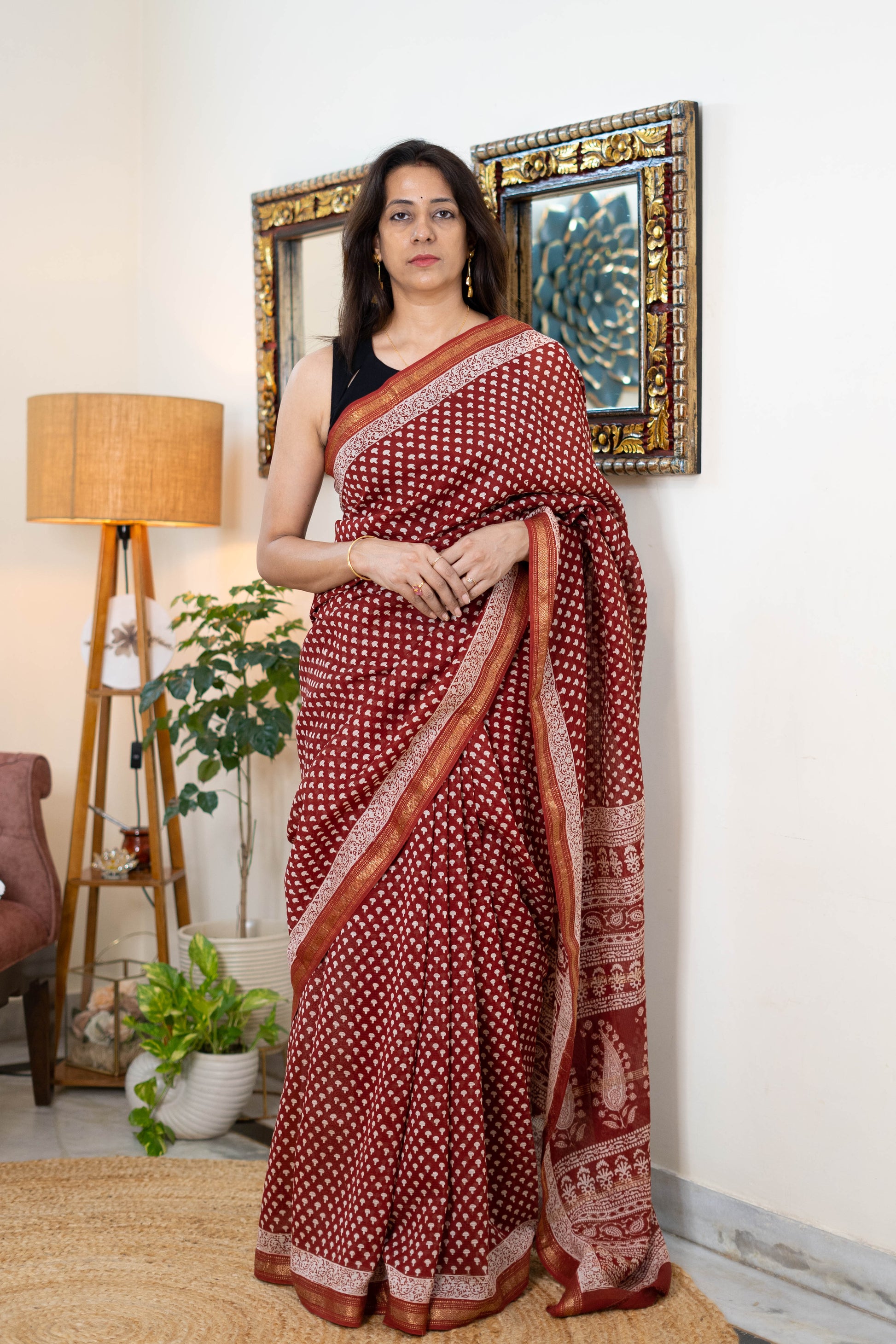 Handwoven Red Bagh Print Cotton Saree with Traditional Borders