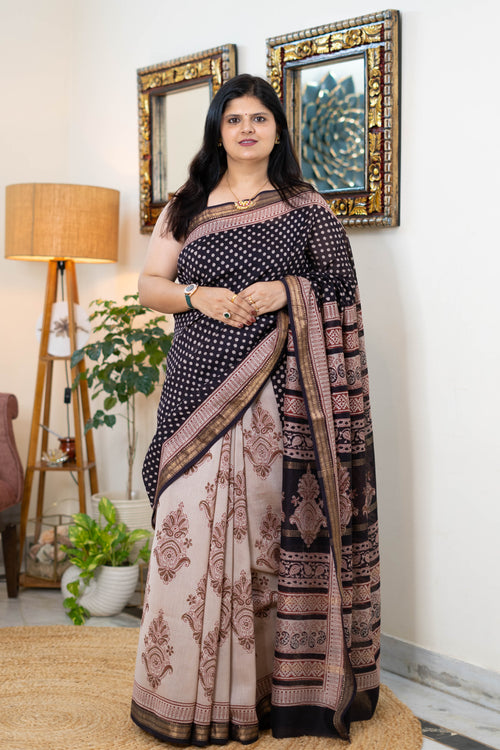 Bagh Print Maheshwari Silk Saree with Polka Dot Detailing