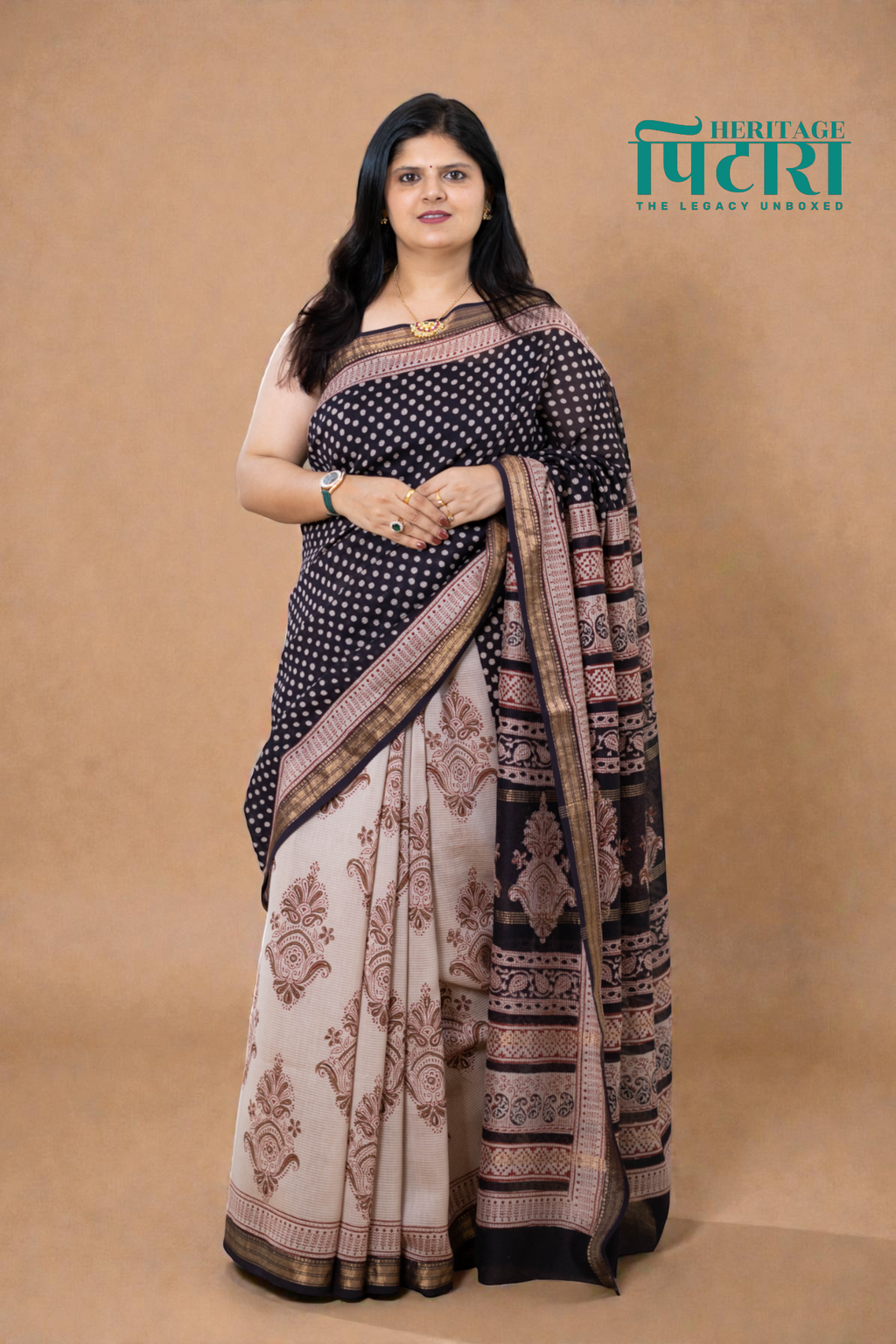 Bagh Print Maheshwari Silk Saree with Polka Dot Detailing