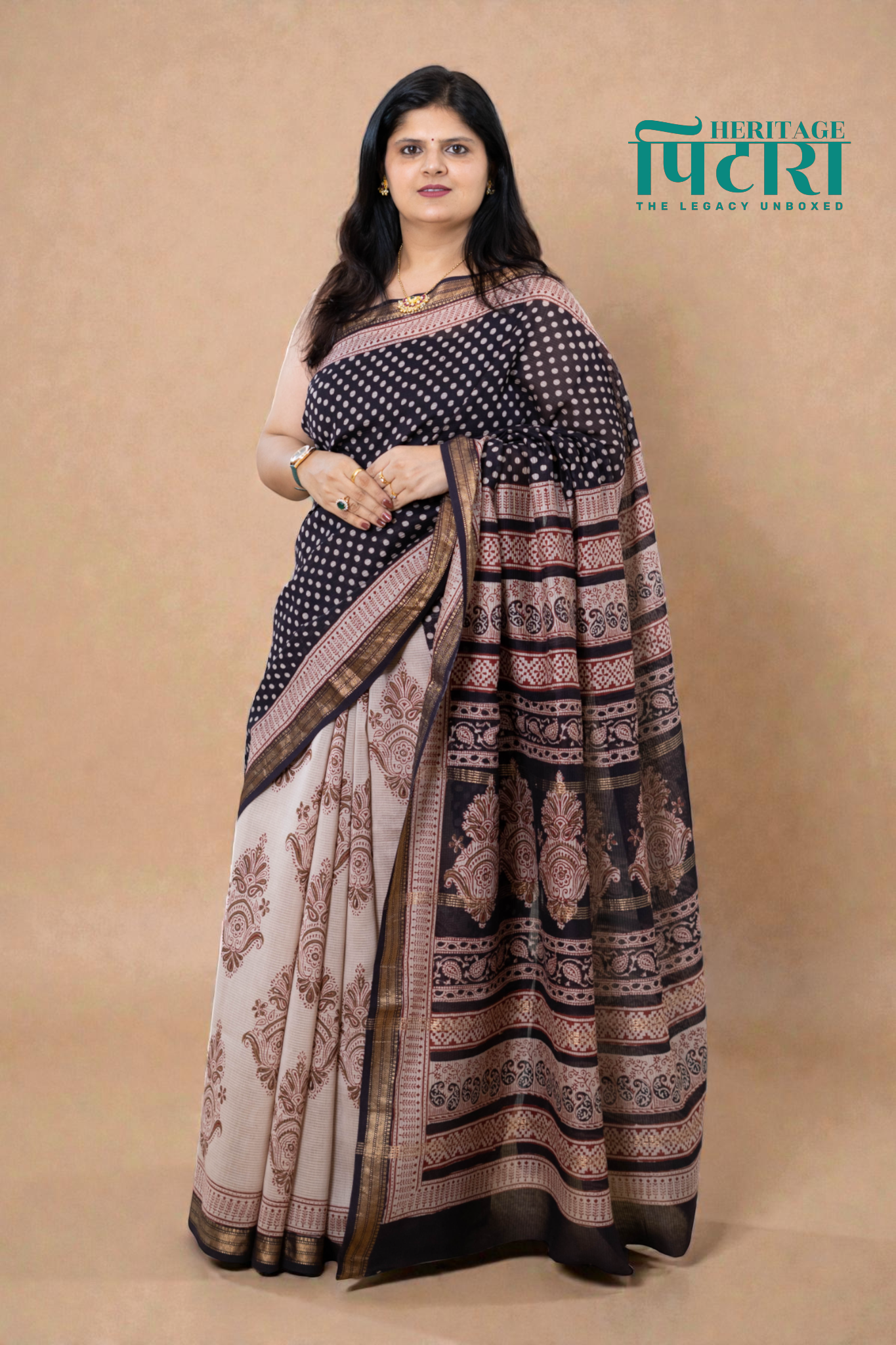 Bagh Print Maheshwari Silk Saree with Polka Dot Detailing
