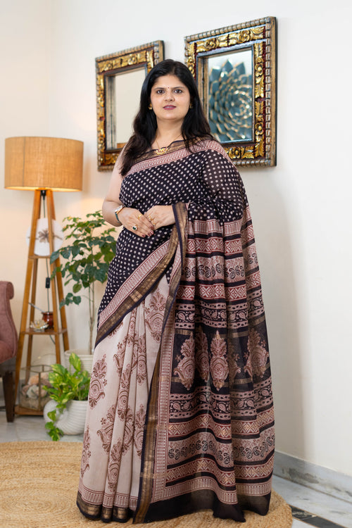 Bagh Print Maheshwari Silk Saree with Polka Dot Detailing