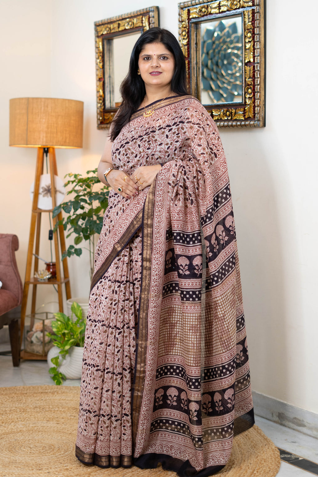 Handcrafted Bagh Print Maheshwari Silk Saree
