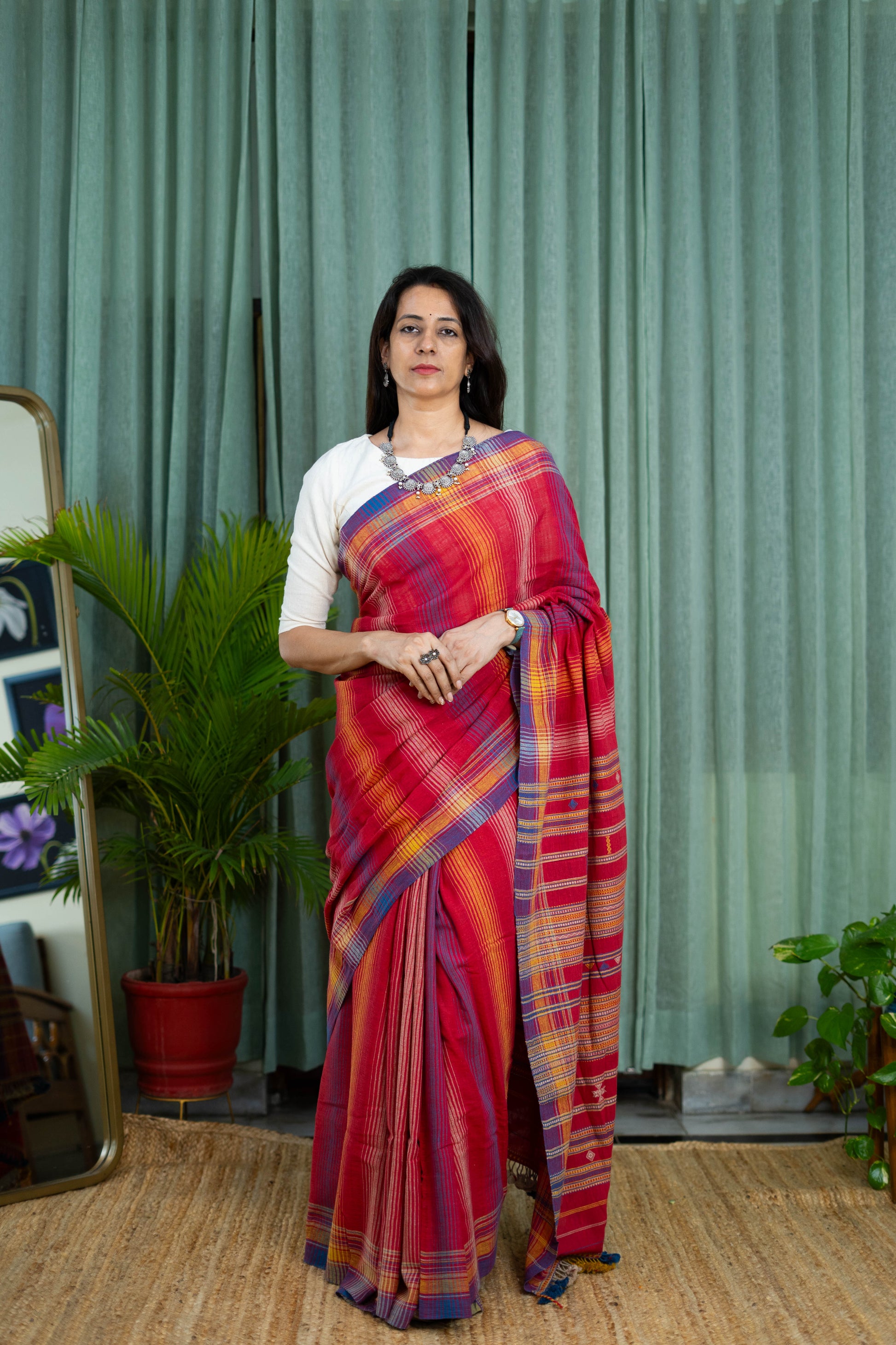 Handwoven Kala Cotton Saree – Red with Multicolor Checks