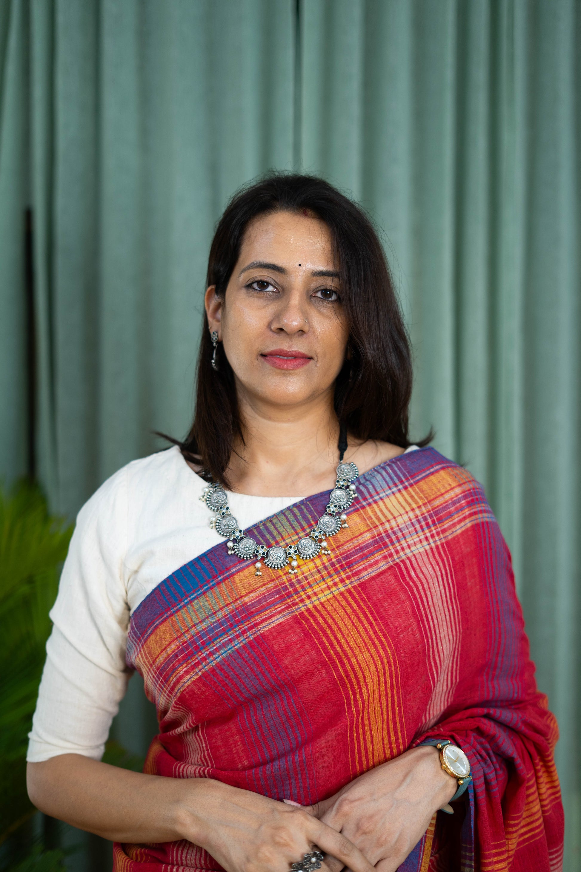 Handwoven Kala Cotton Saree – Red with Multicolor Checks