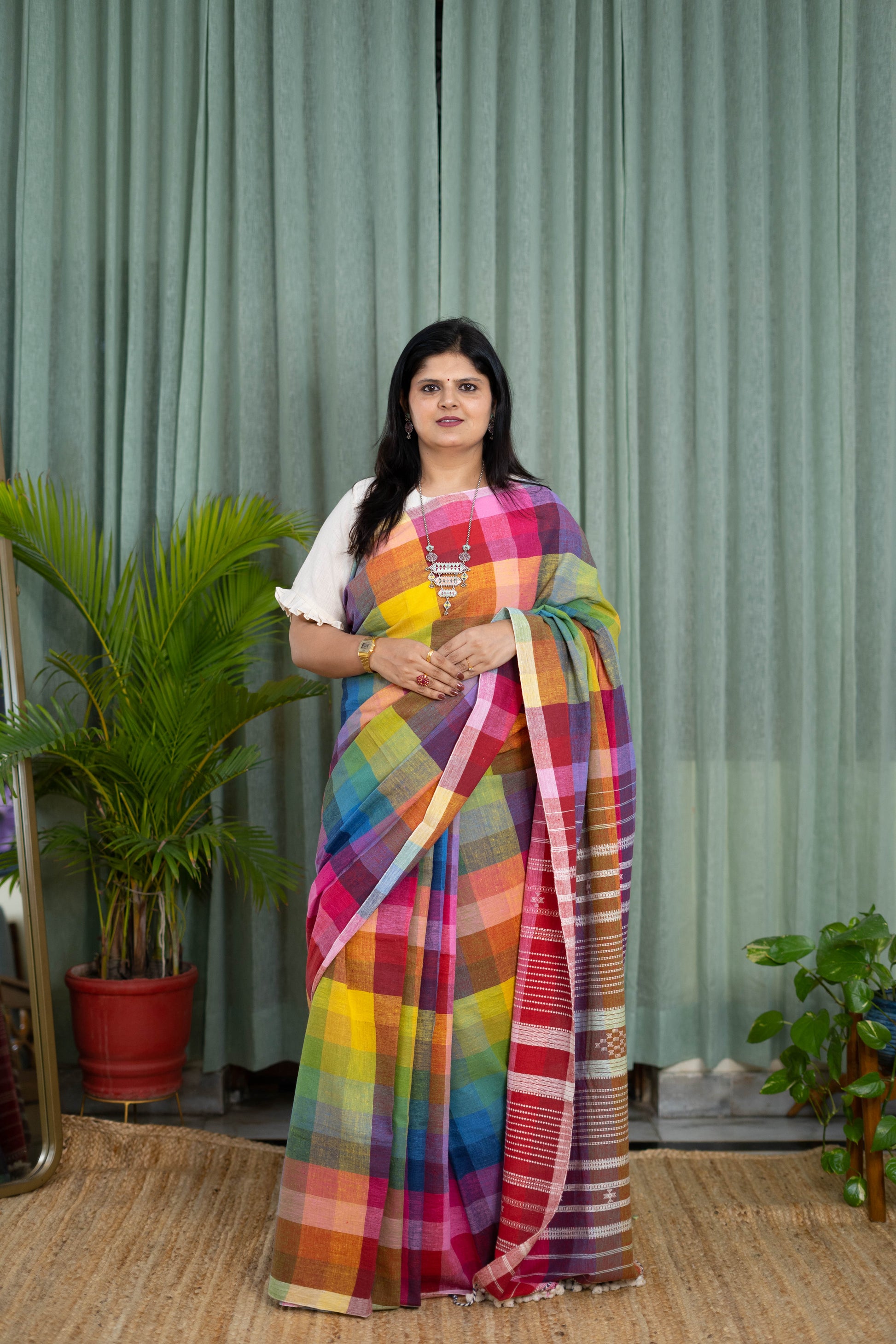 Handwoven Multicolor Checkered Kala Cotton Saree