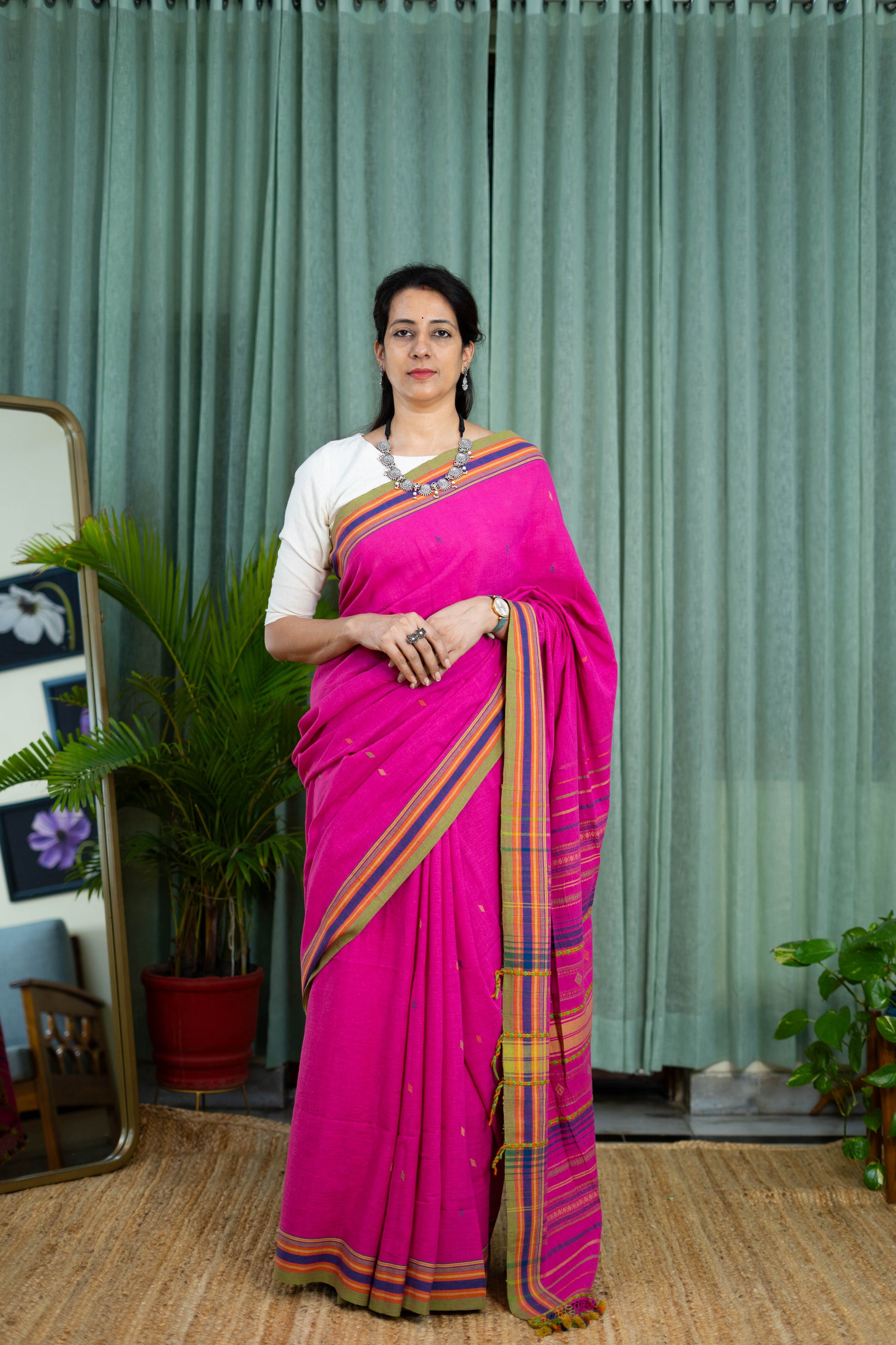 Handwoven Cotton Saree – Rani Pink with Striped Pallu