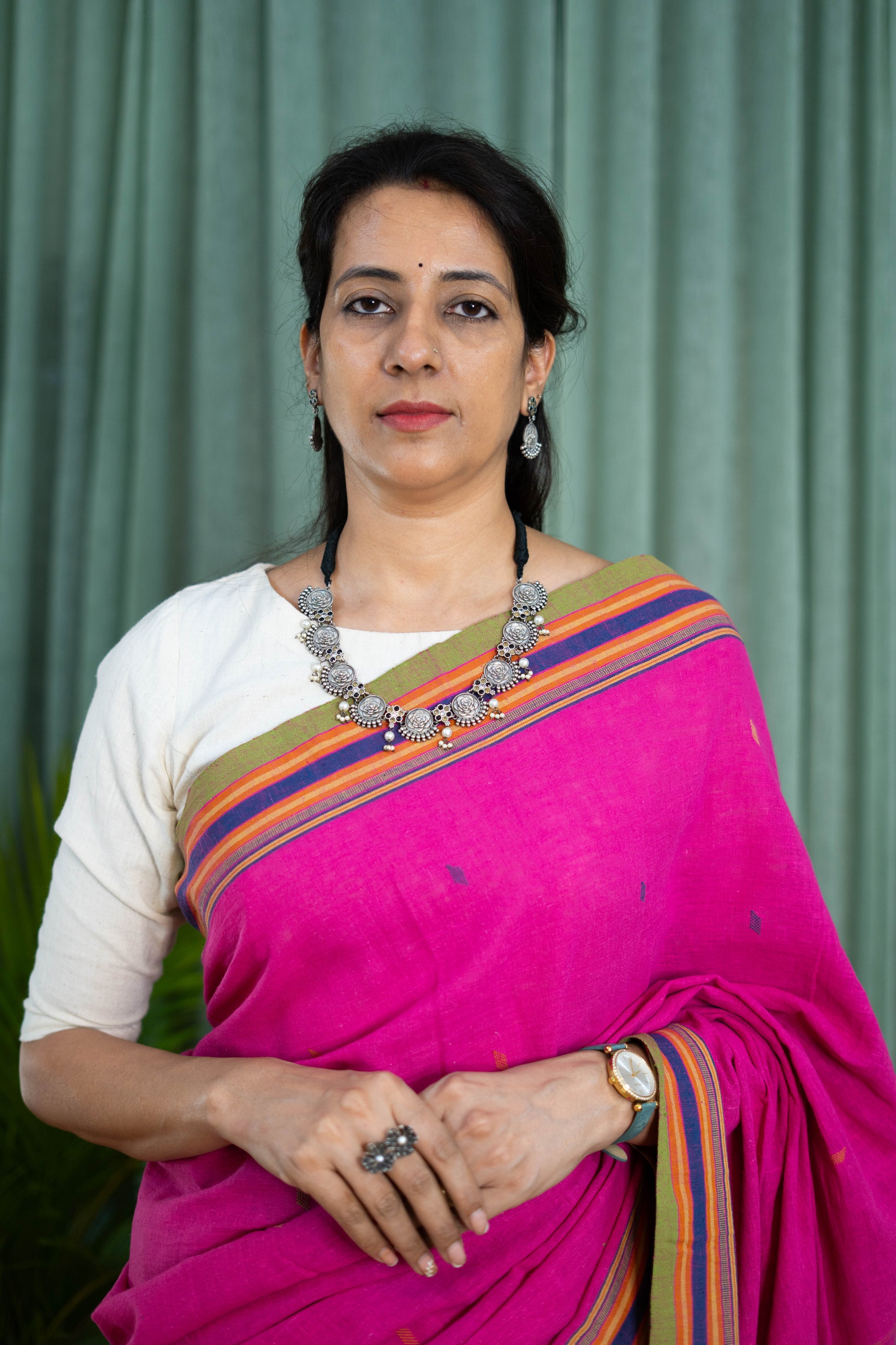 Handwoven Cotton Saree – Rani Pink with Striped Pallu
