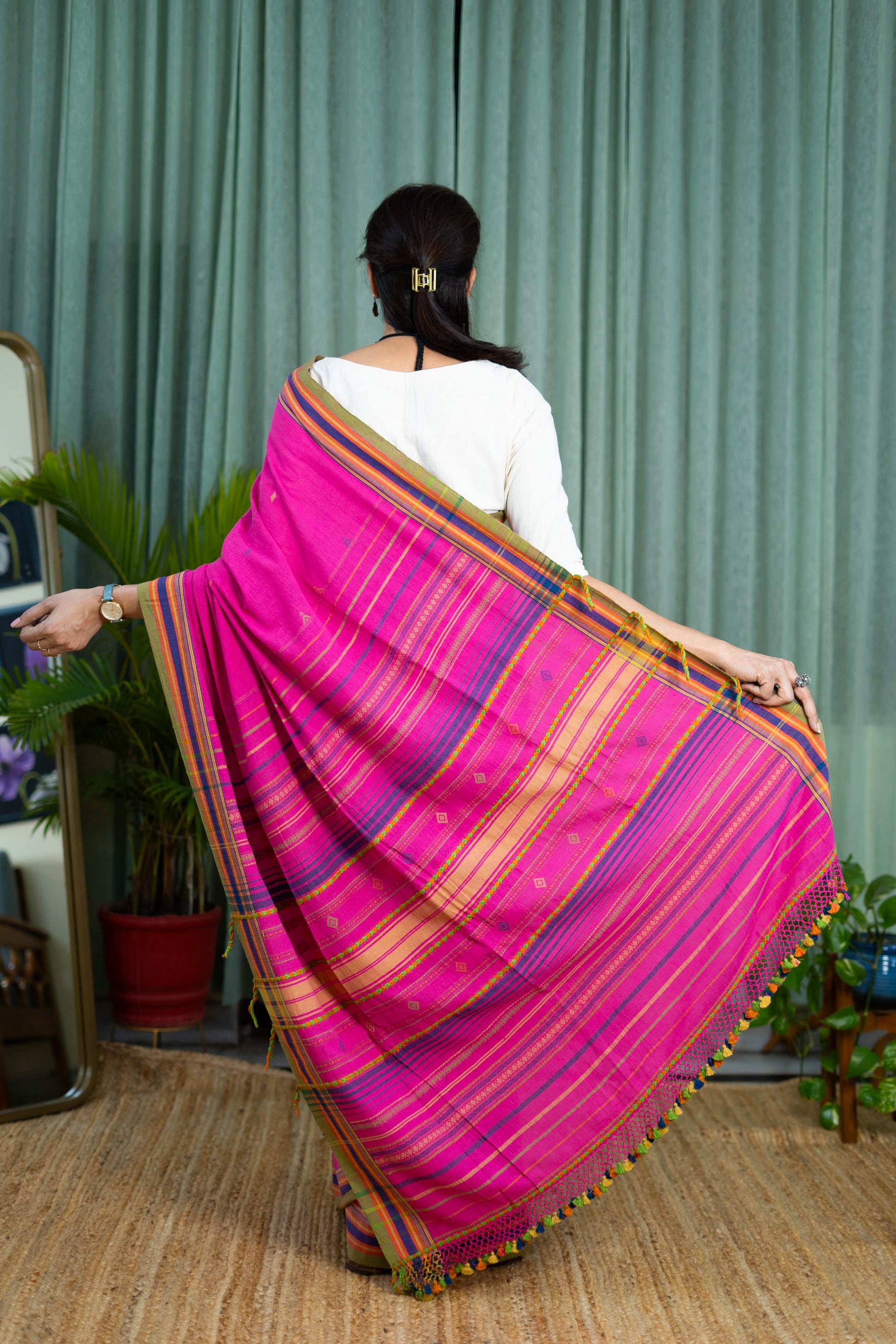 Handwoven Cotton Saree – Rani Pink with Striped Pallu