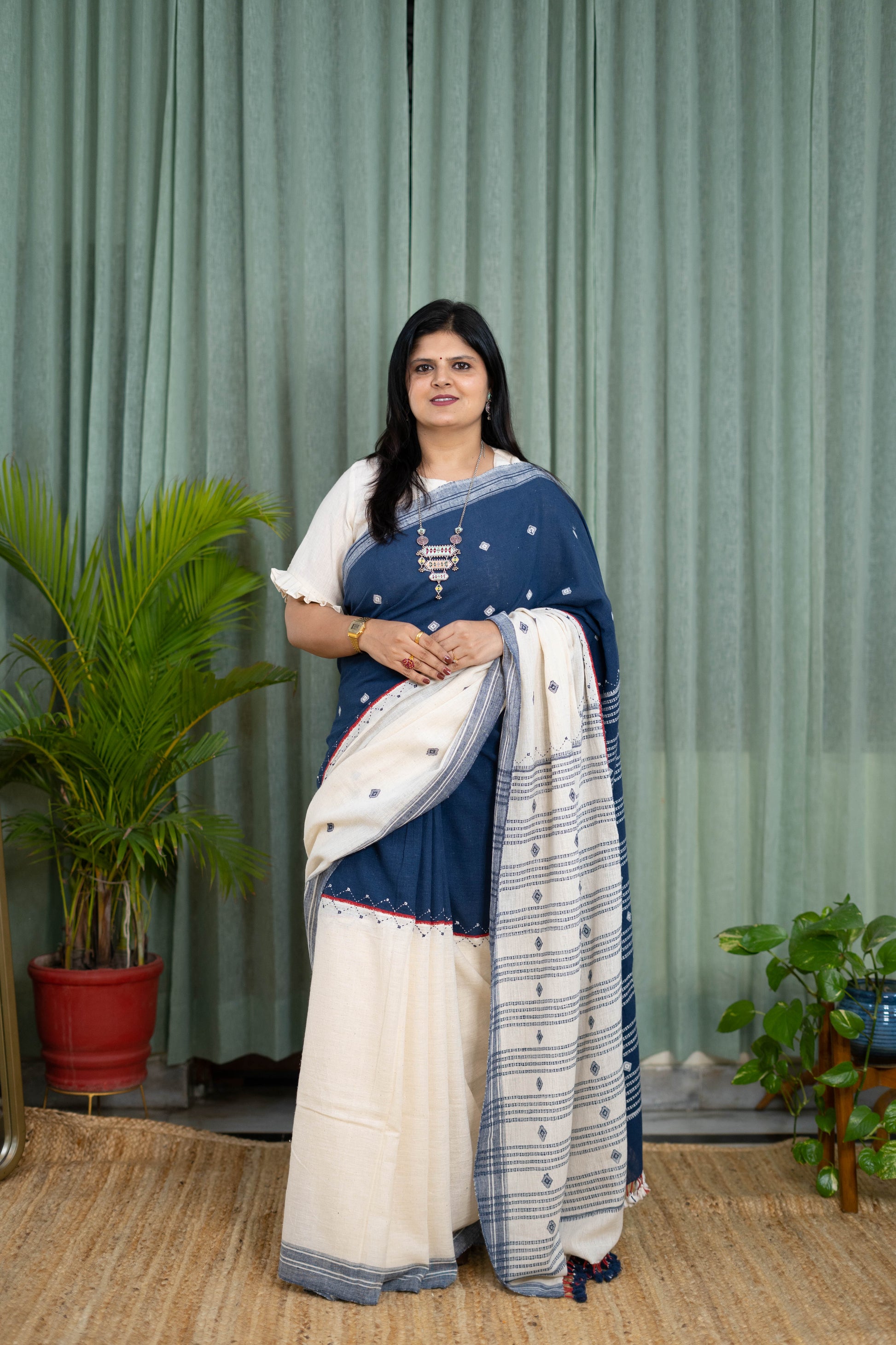Handwoven Blue and White Kala Cotton Saree with Woven Motifs