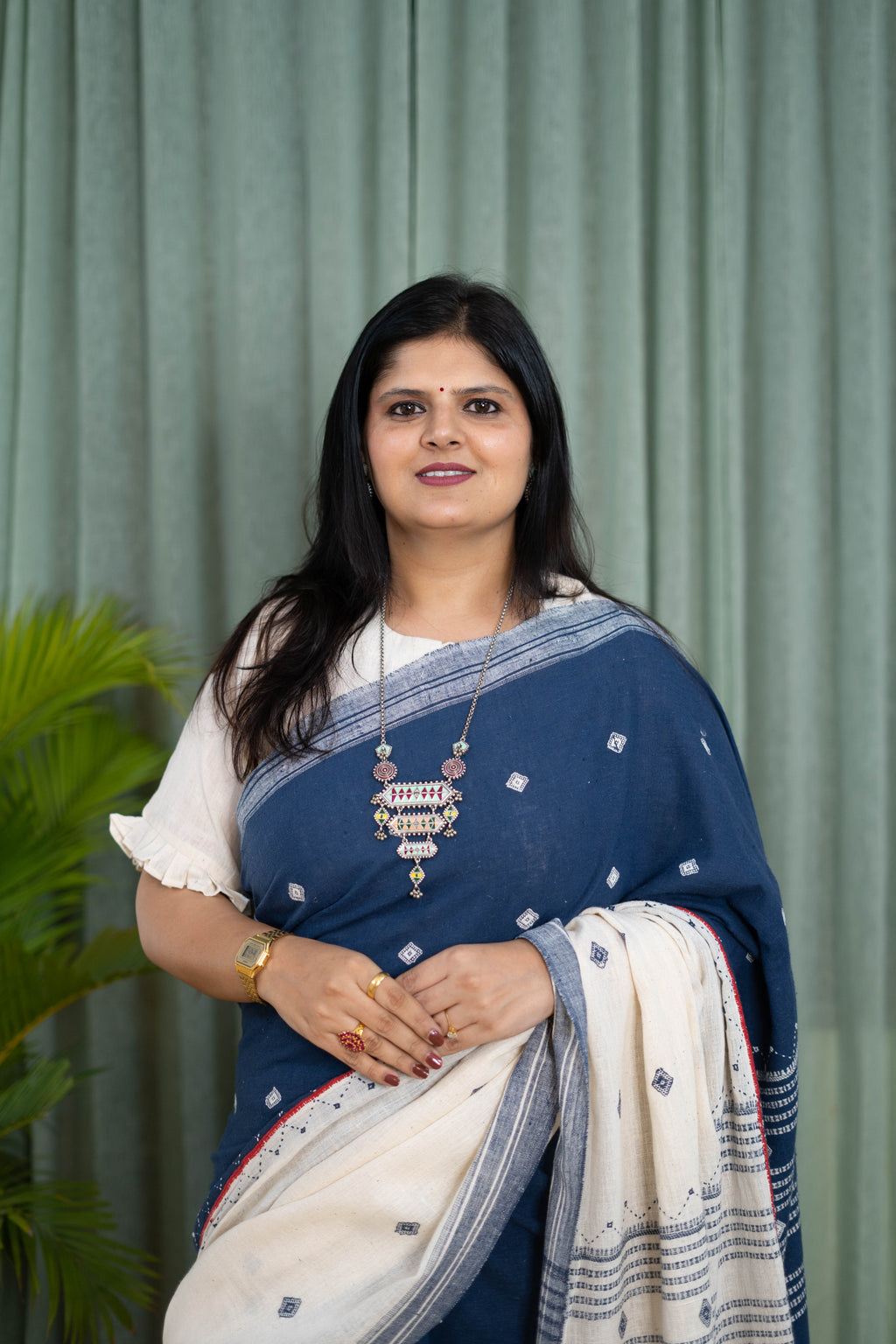 Handwoven Blue and White Kala Cotton Saree with Woven Motifs