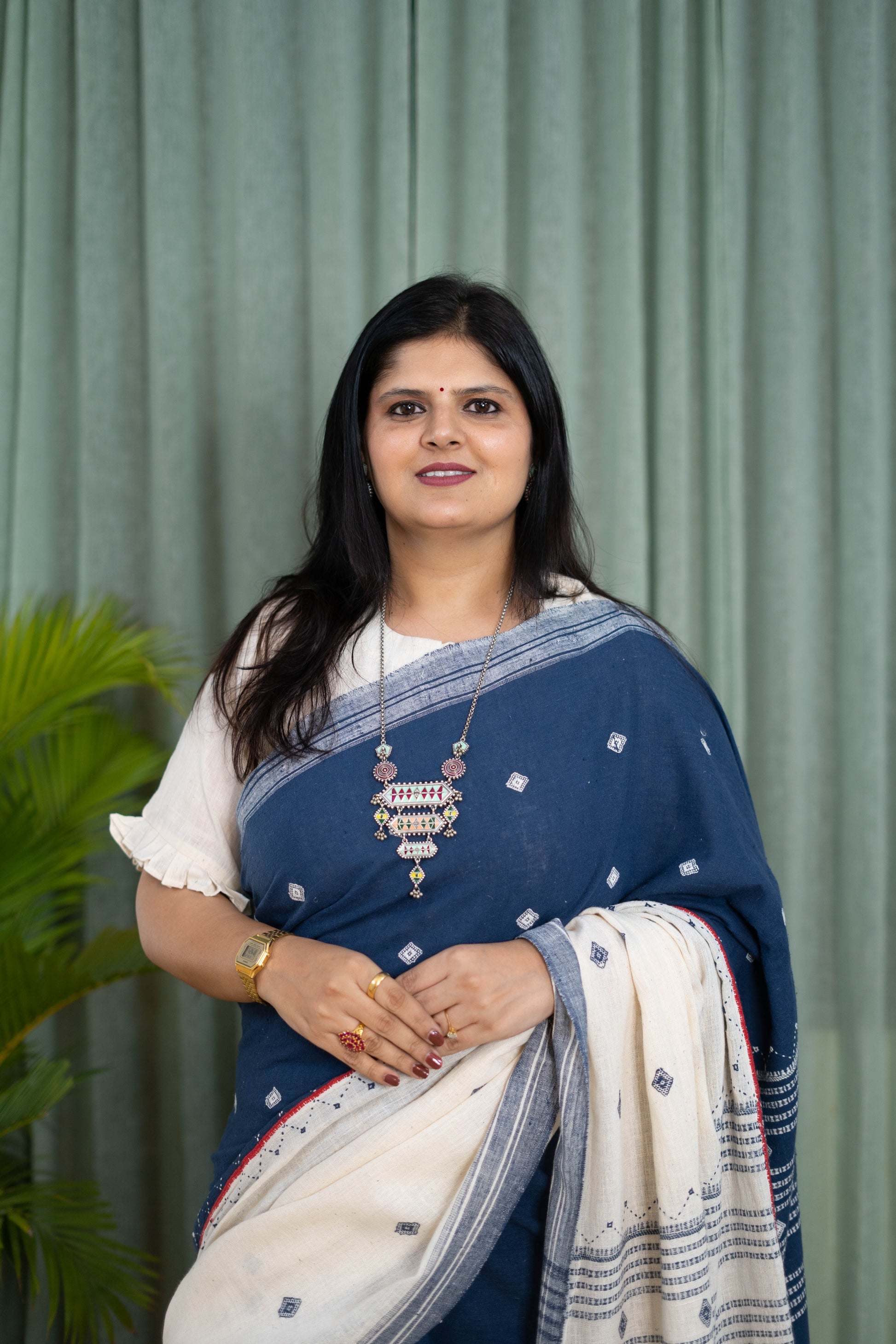 Handwoven Blue and White Kala Cotton Saree with Woven Motifs
