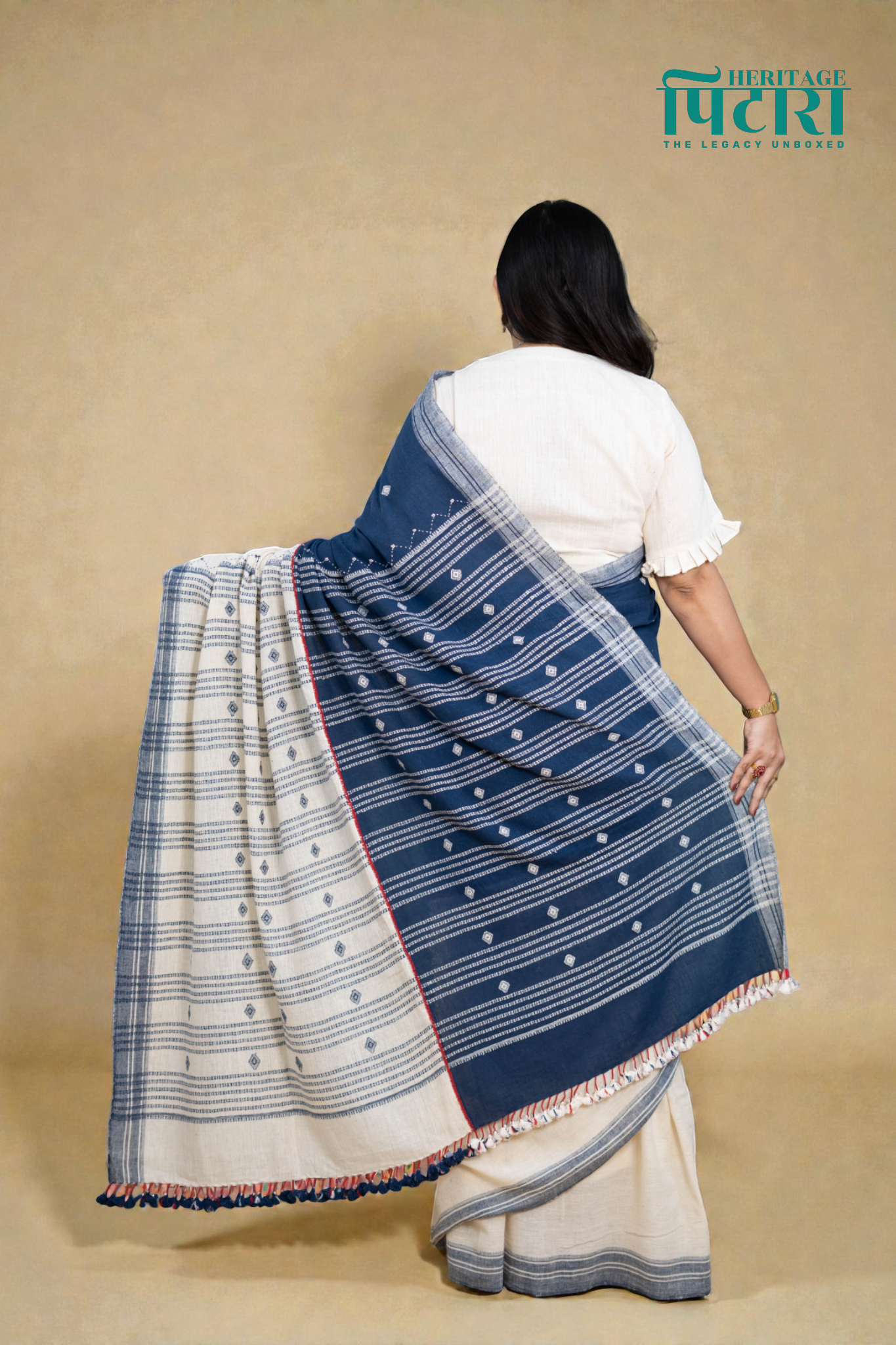 Handwoven Blue and White Kala Cotton Saree with Woven Motifs