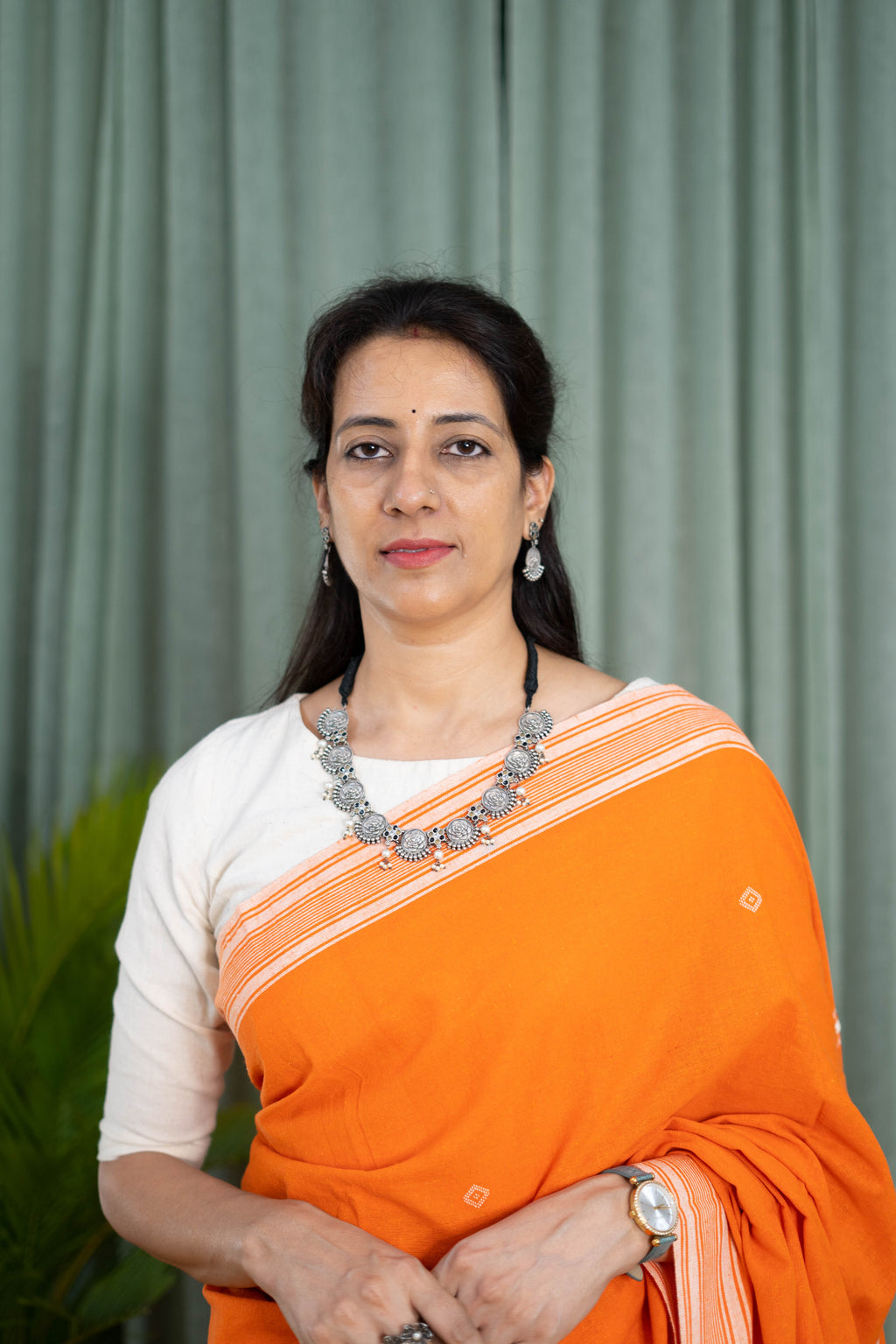 Handwoven Orange Kala Cotton Saree with White Borders