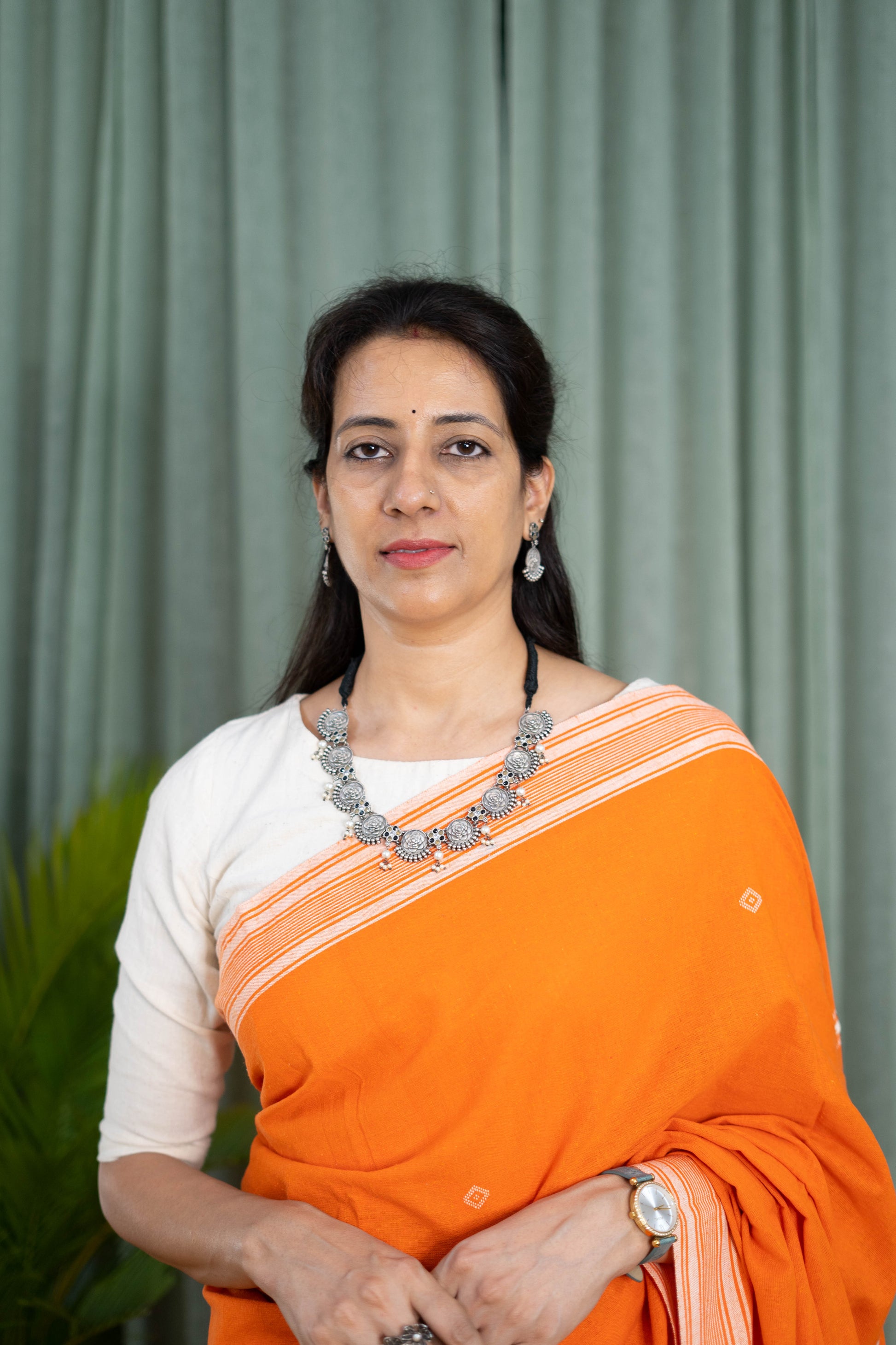 Handwoven Orange Kala Cotton Saree with White Borders