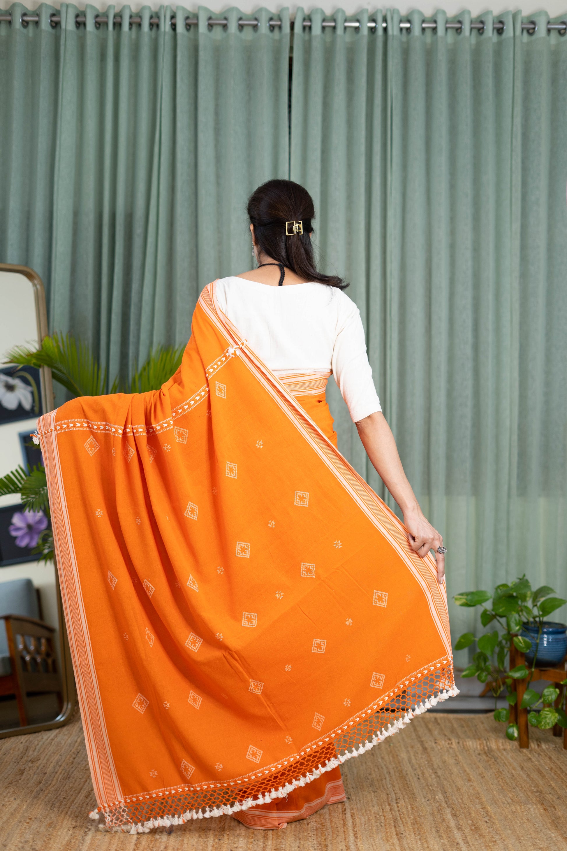 Handwoven Orange Kala Cotton Saree with White Borders