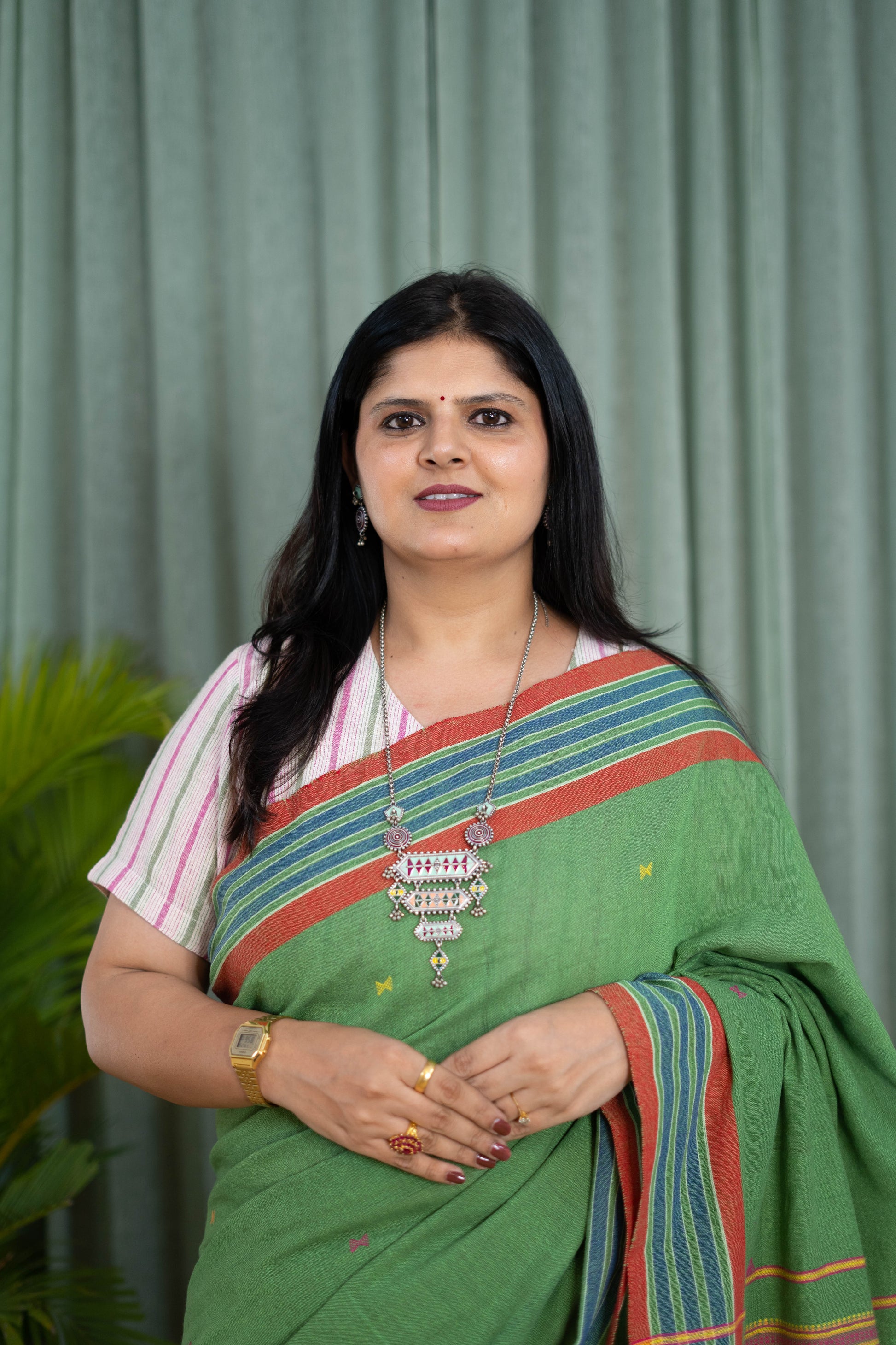 Handwoven Green Kala Cotton Saree with Striped Pallu