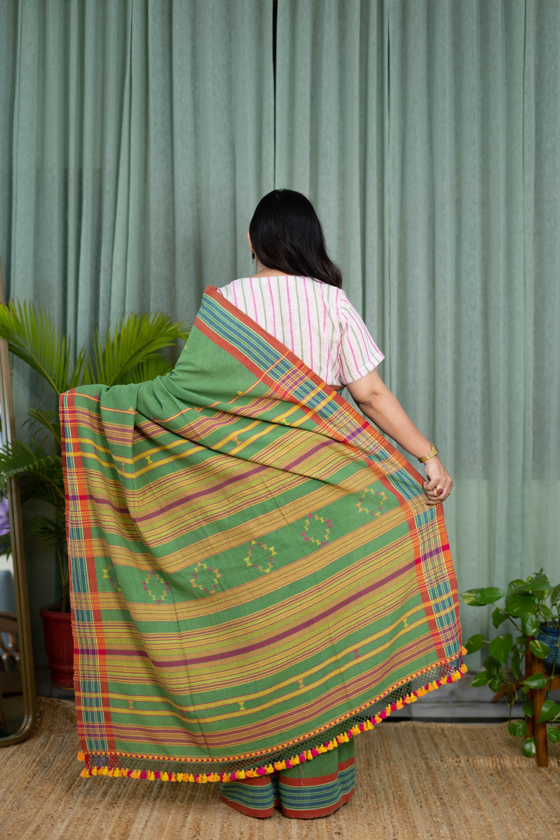 Handwoven Green Kala Cotton Saree with Striped Pallu