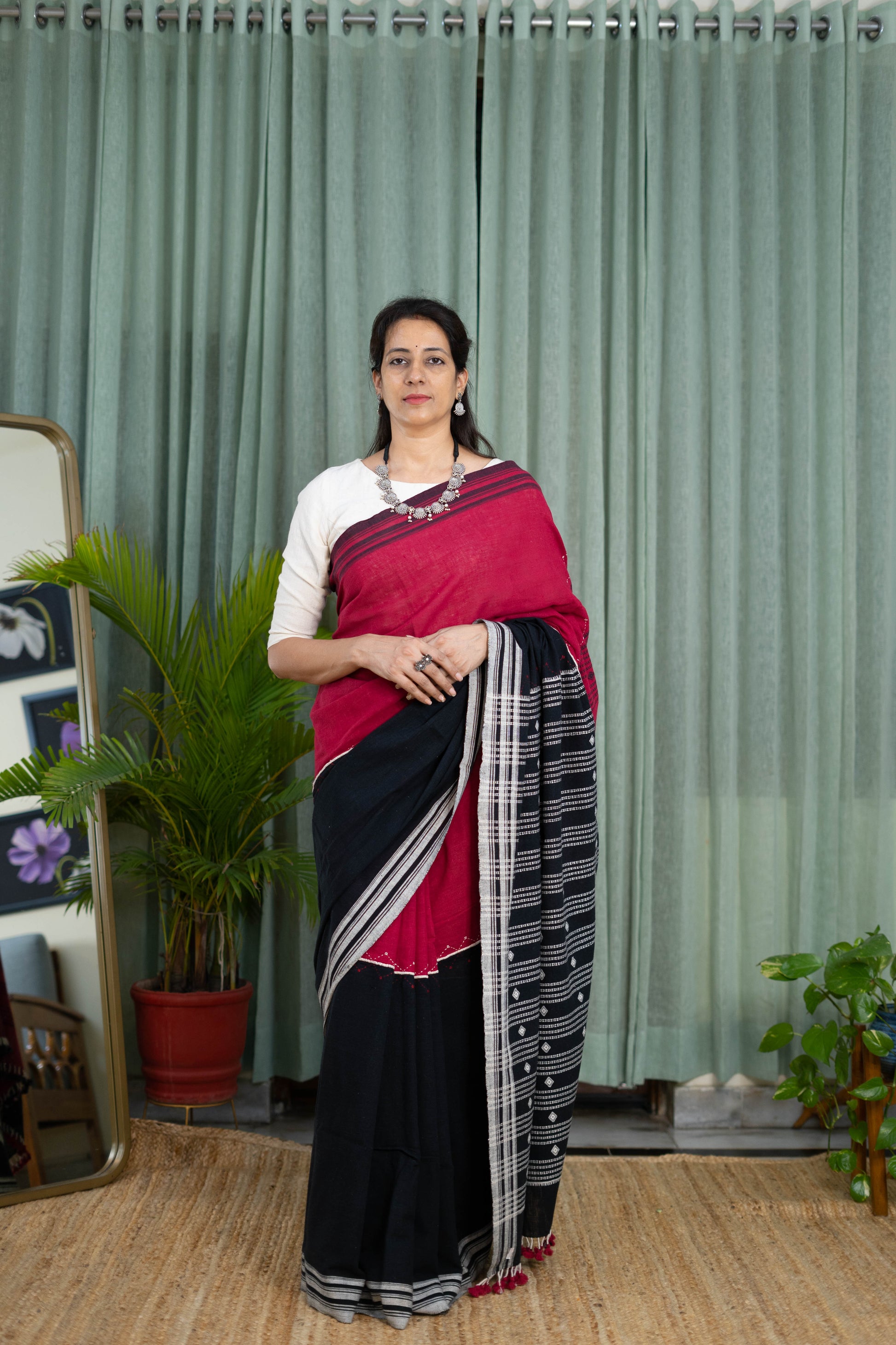 Handwoven Kala Cotton Saree in Black and Red Contrast