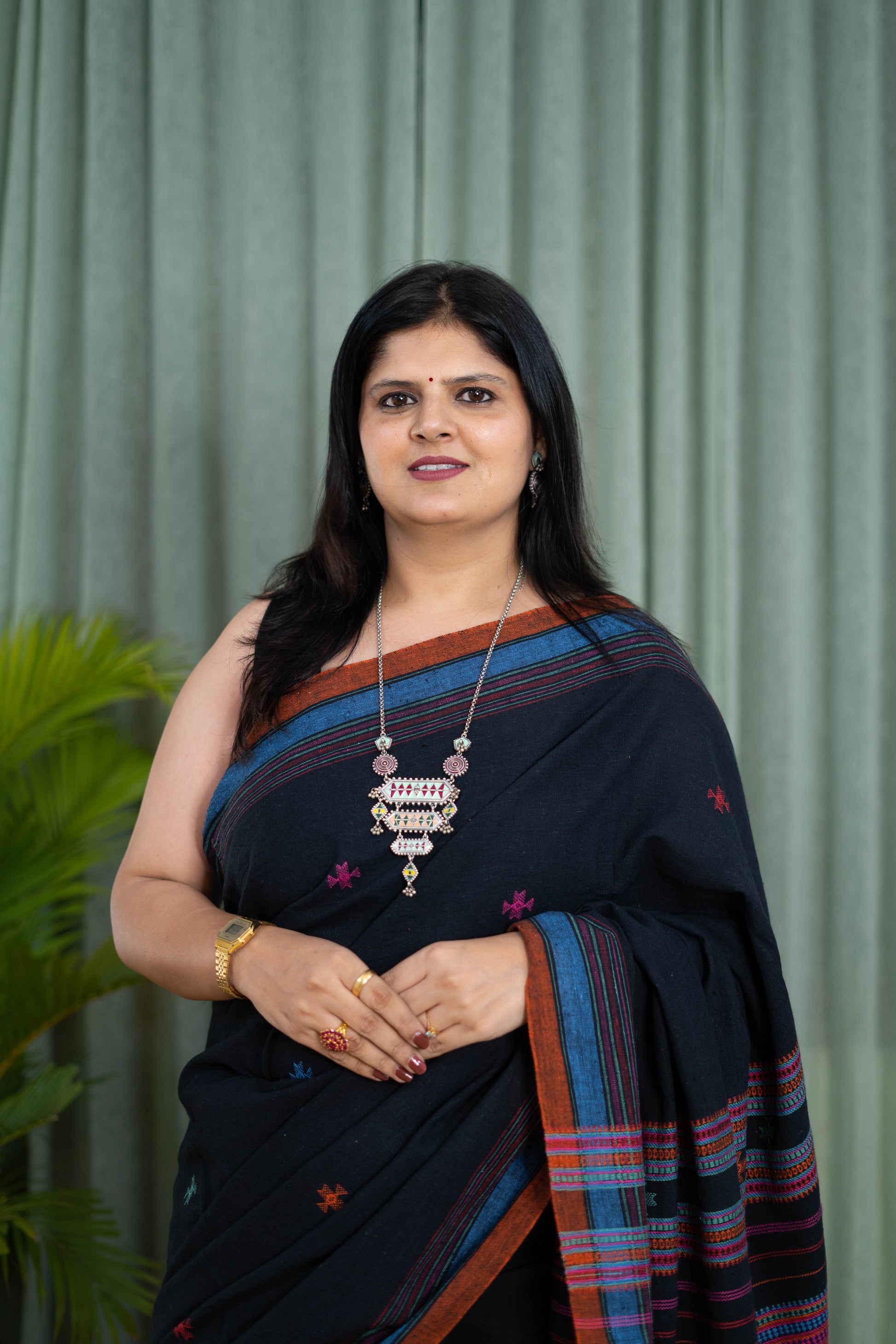Handwoven Black Kala Cotton Saree with Multicolor Accents