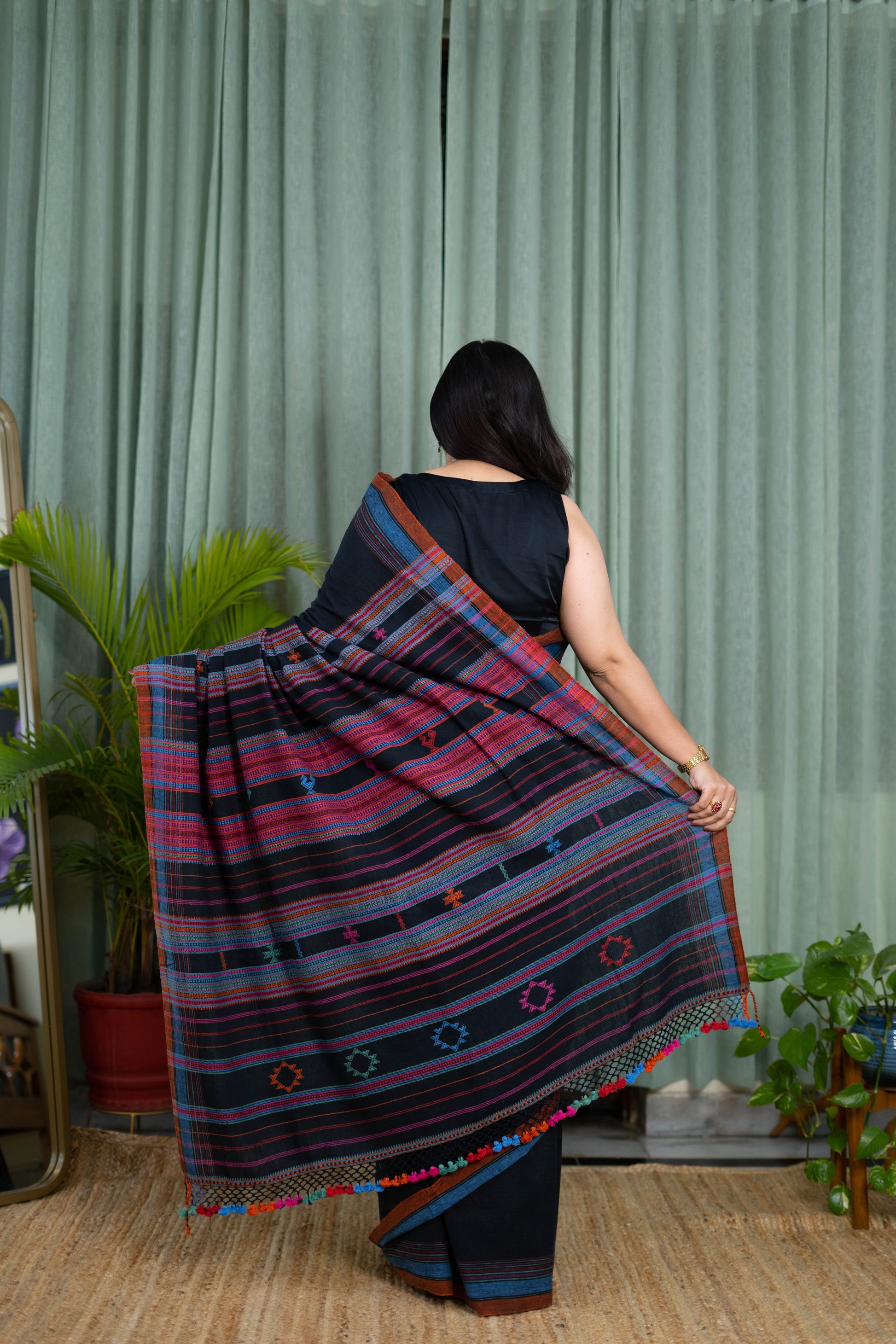 Handwoven Black Kala Cotton Saree with Multicolor Accents