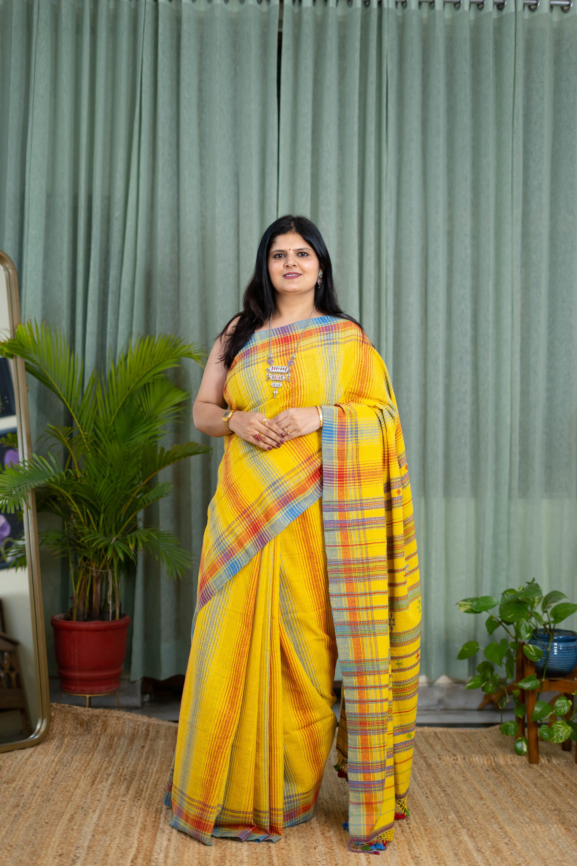 Handwoven Yellow Kala Cotton Saree with Multicolor Checks