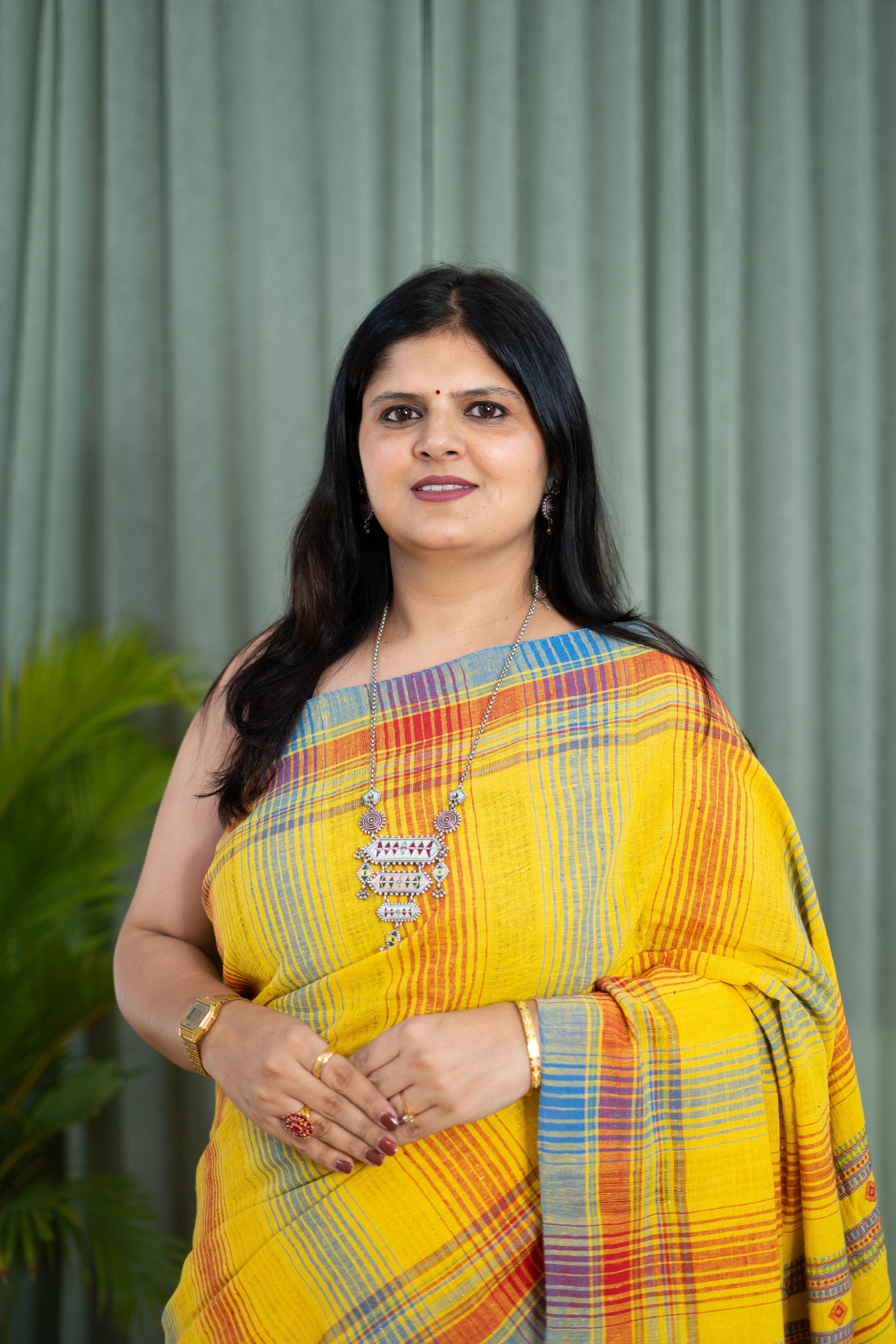 Handwoven Yellow Kala Cotton Saree with Multicolor Checks