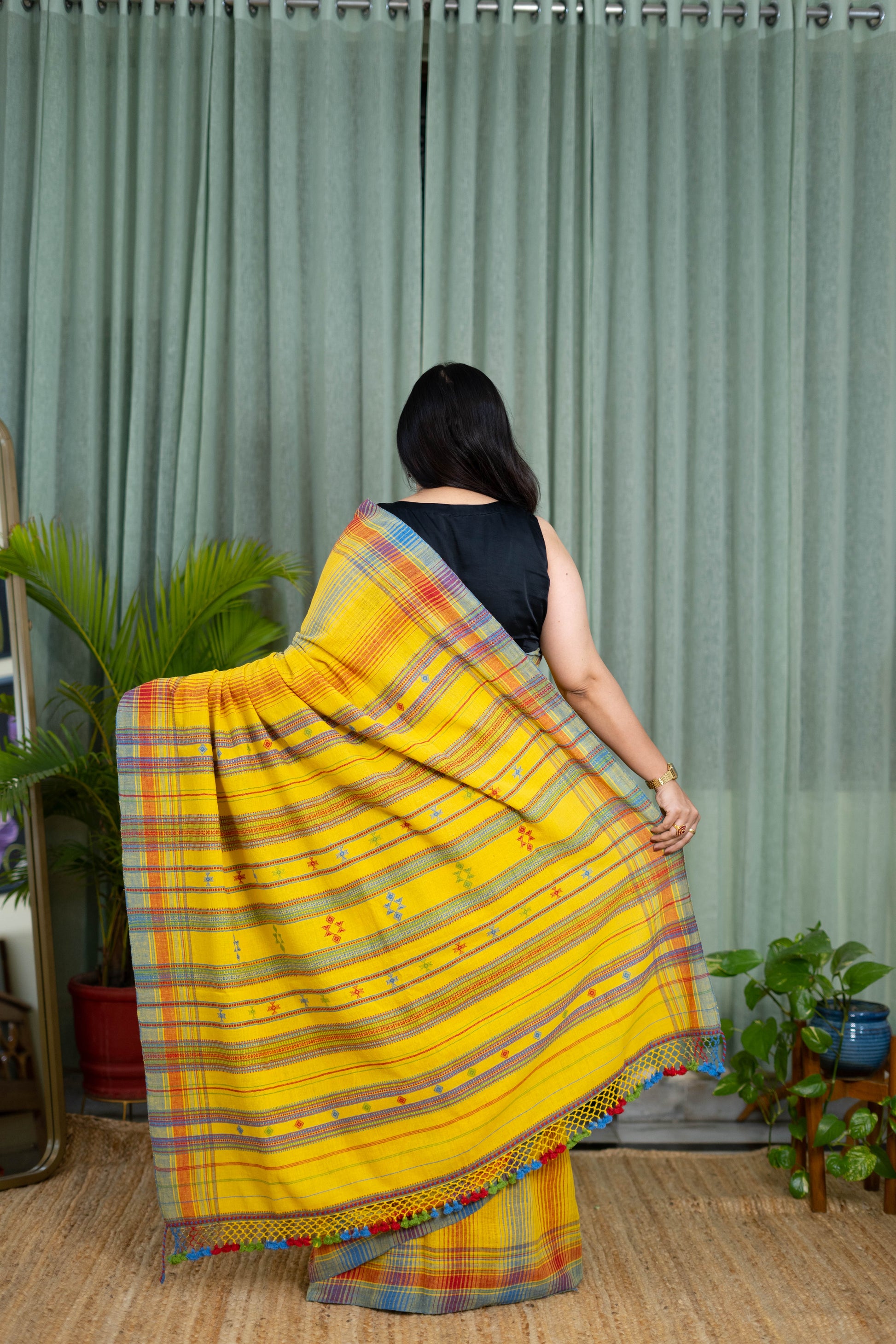 Handwoven Yellow Kala Cotton Saree with Multicolor Checks