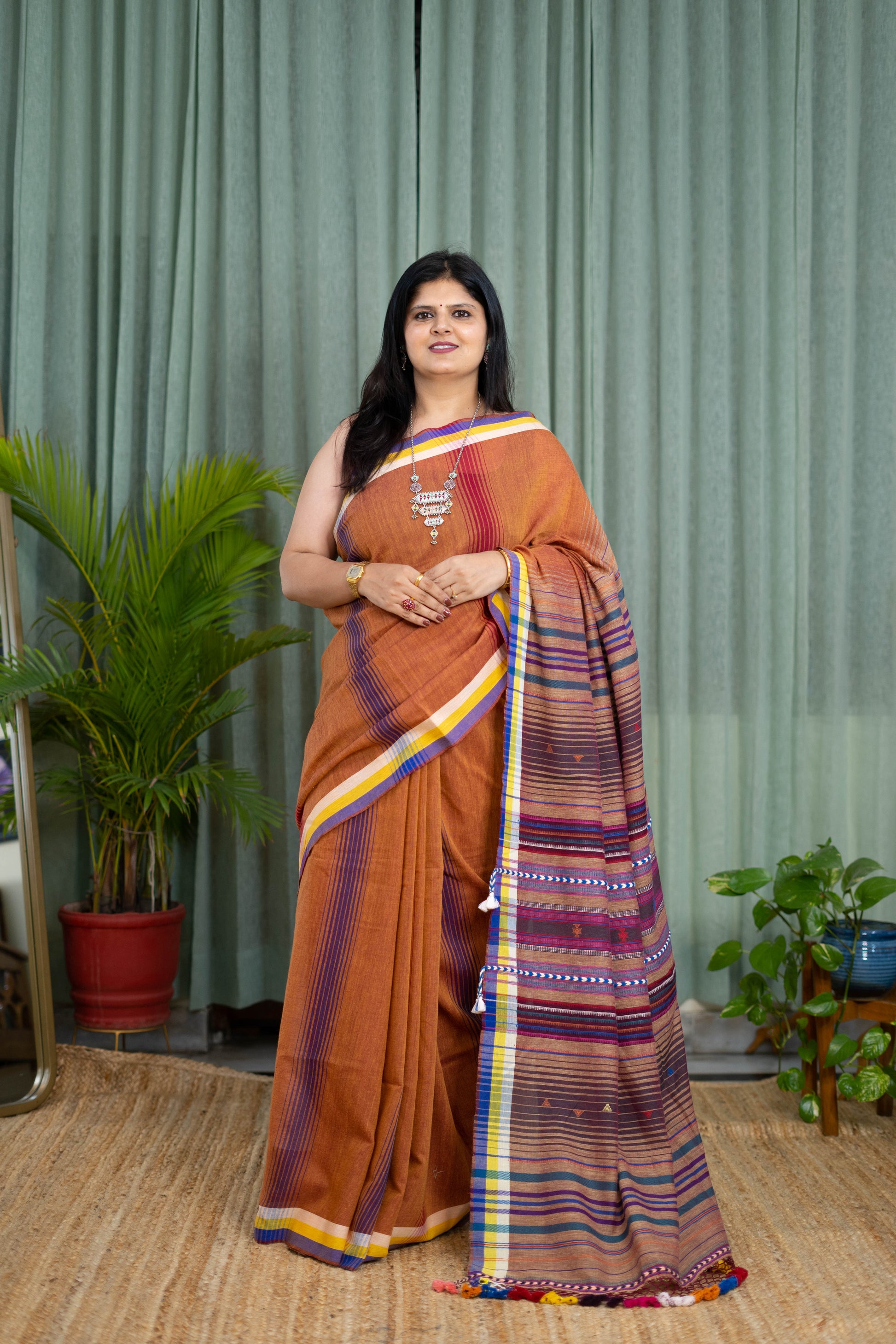 Handwoven Kala Cotton Saree in Rustic Brown