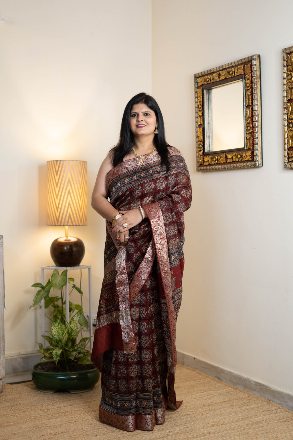 Ajrak Chanderi Silk Saree for Women – Premium Maroon & Black Ajrakh Print | Soft Chanderi Silk | Traditional Ethnic Wear with Rich Border