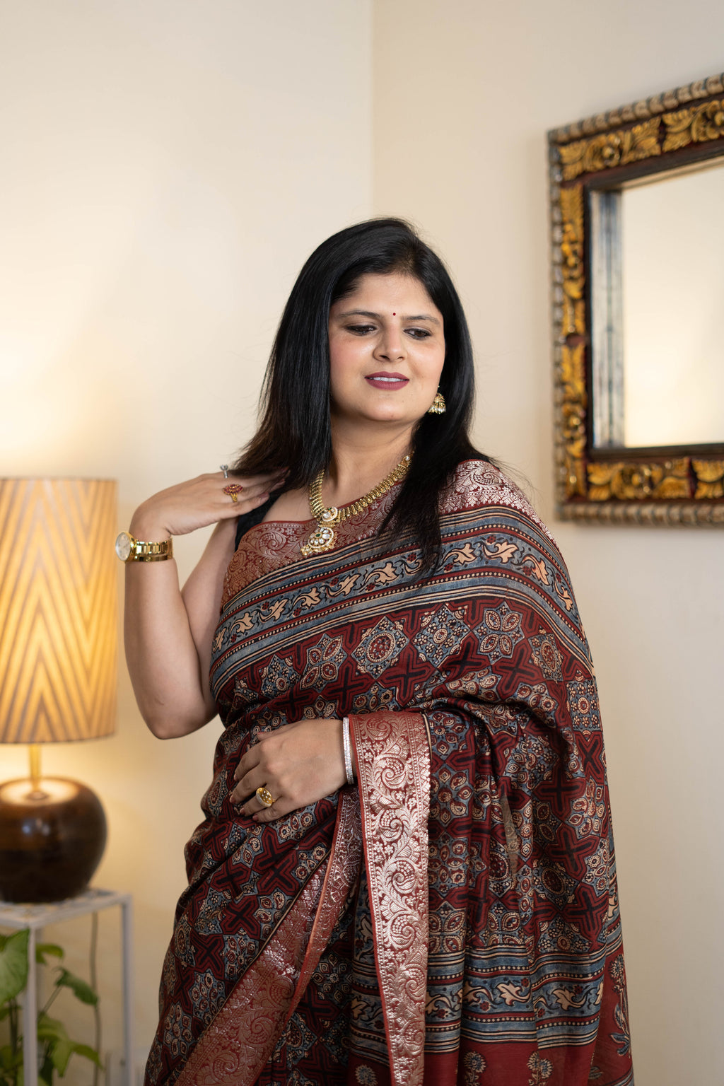 Ajrak Chanderi Silk Saree for Women – Premium Maroon & Black Ajrakh Print | Soft Chanderi Silk | Traditional Ethnic Wear with Rich Border