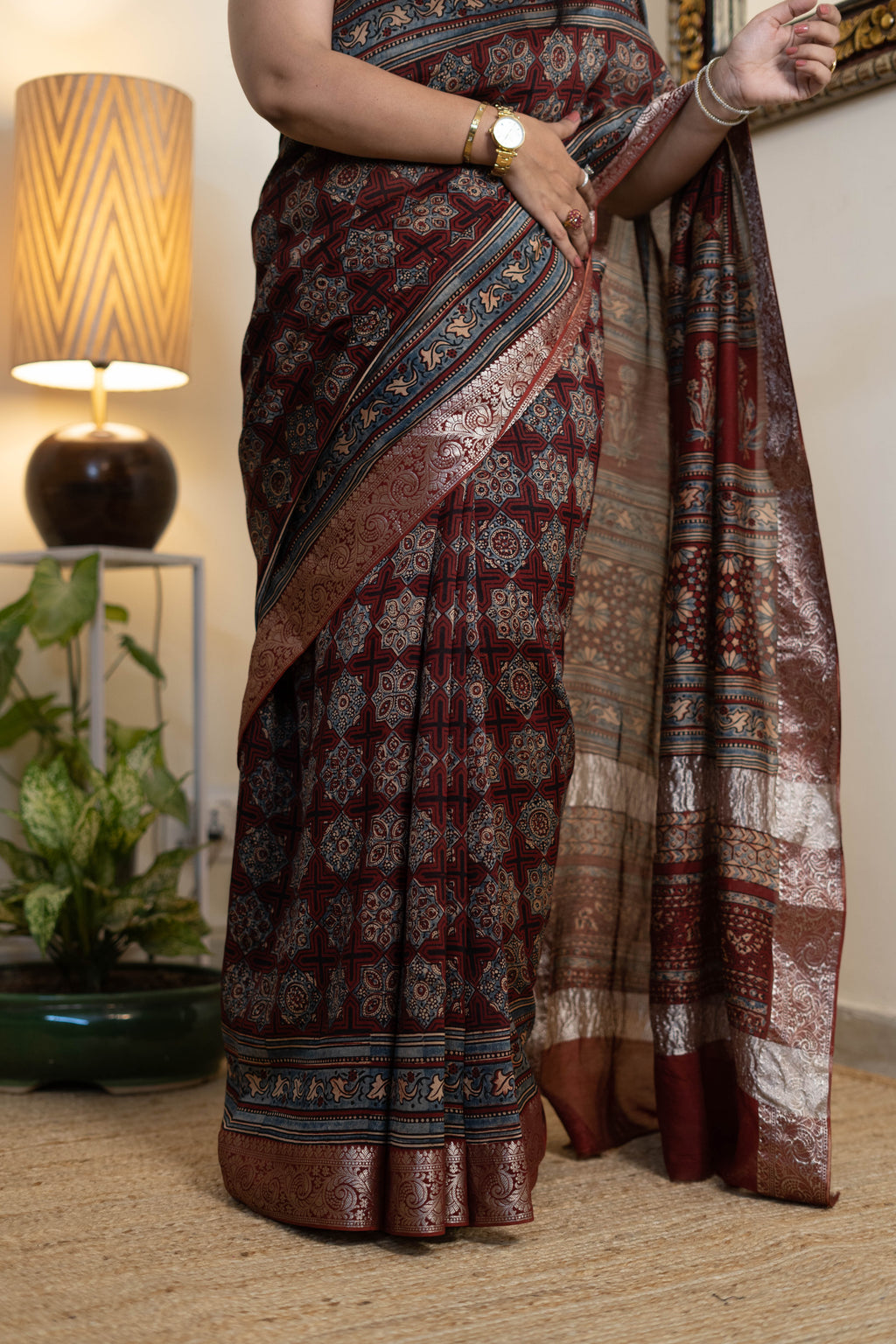 Ajrak Chanderi Silk Saree for Women – Premium Maroon & Black Ajrakh Print | Soft Chanderi Silk | Traditional Ethnic Wear with Rich Border