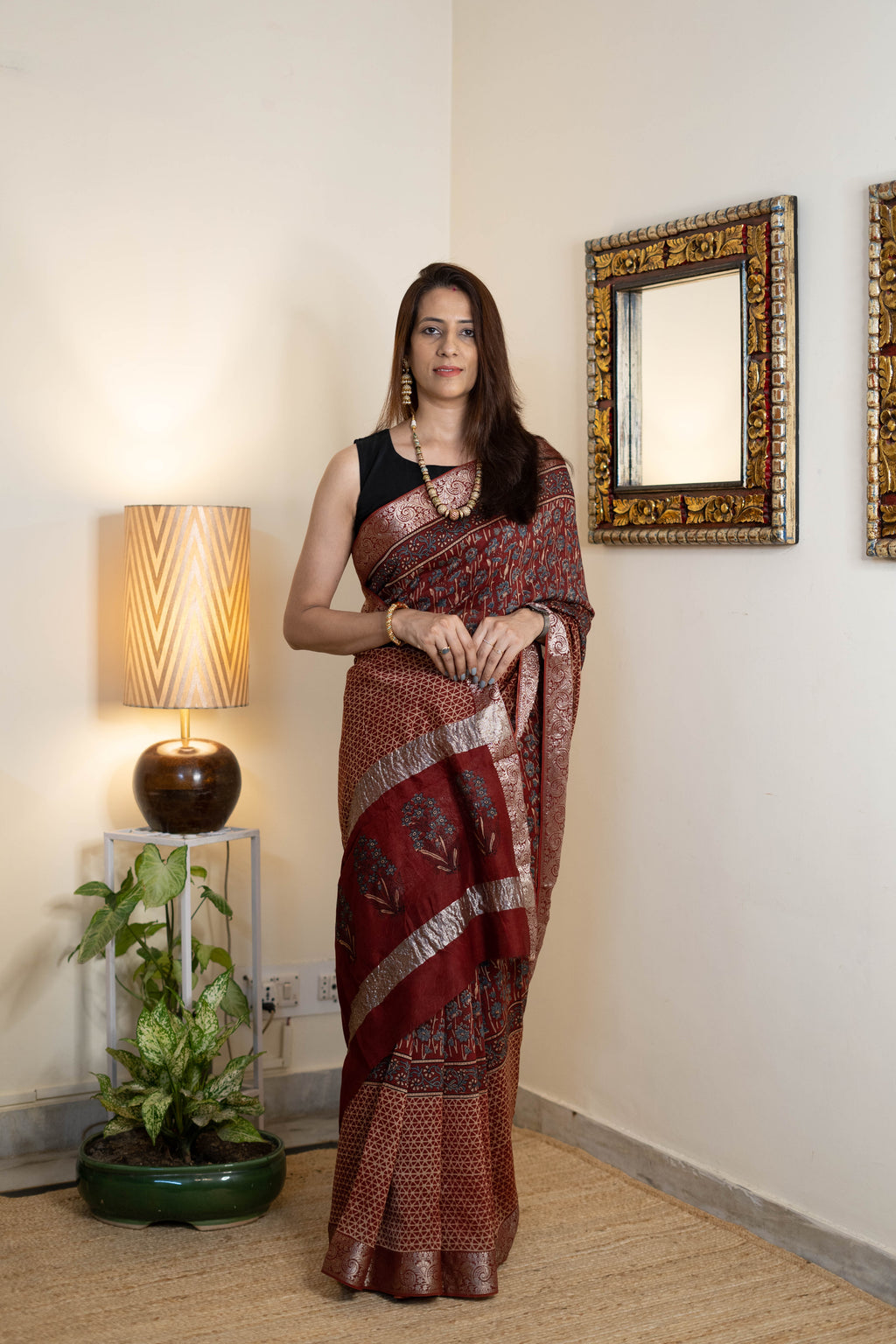 Ajrak Chanderi Silk Saree for Women – Deep Maroon with Blue Ajrakh Floral Print & Zari Border | Premium Soft Chanderi Silk Saree