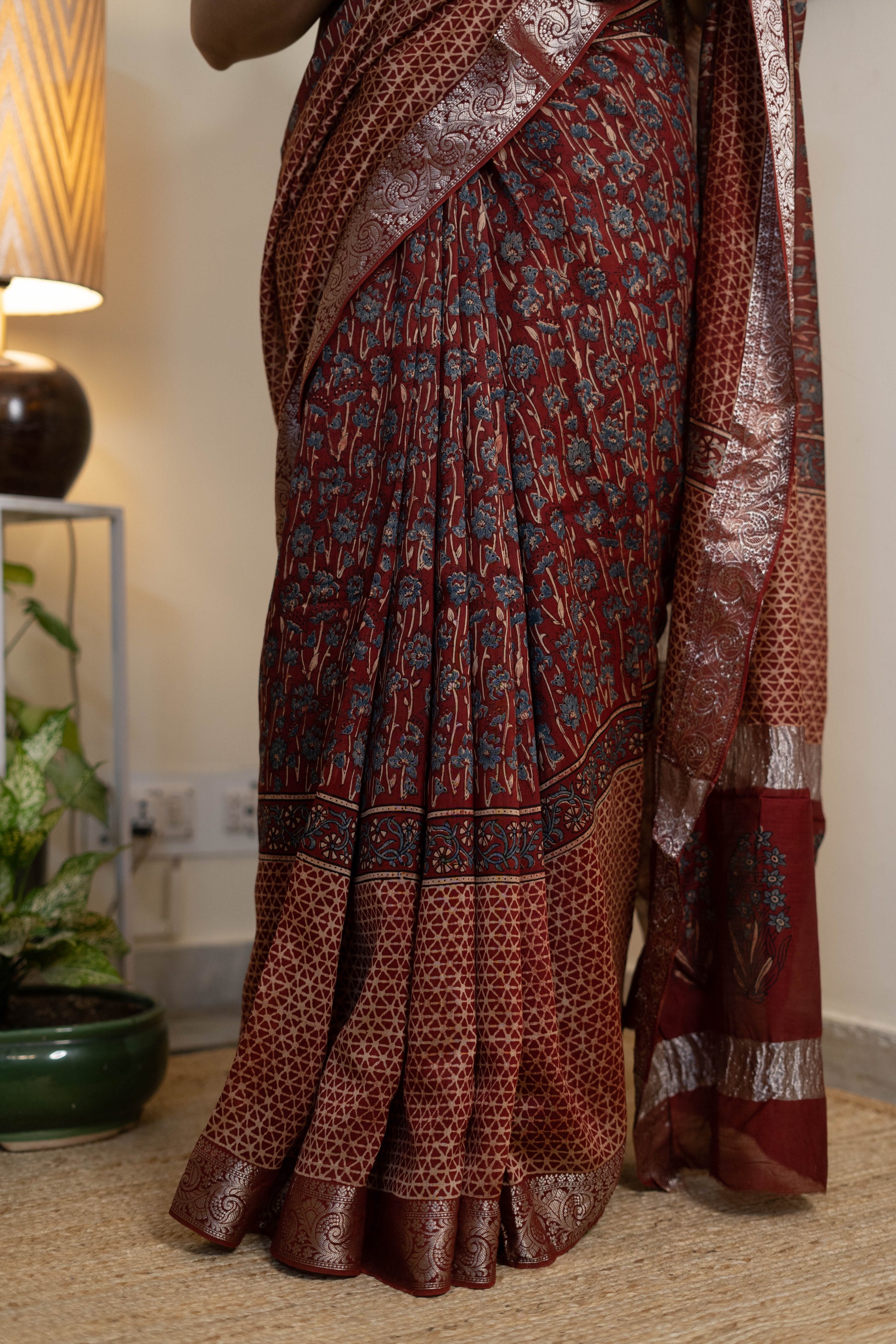 Ajrak Chanderi Silk Saree for Women – Deep Maroon with Blue Ajrakh Floral Print & Zari Border | Premium Soft Chanderi Silk Saree