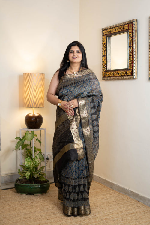 Ajrak Chanderi Silk Saree for Women – Black & Teal Ajrakh Design with Antique Gold Zari Border | Premium Soft Chanderi Silk Saree