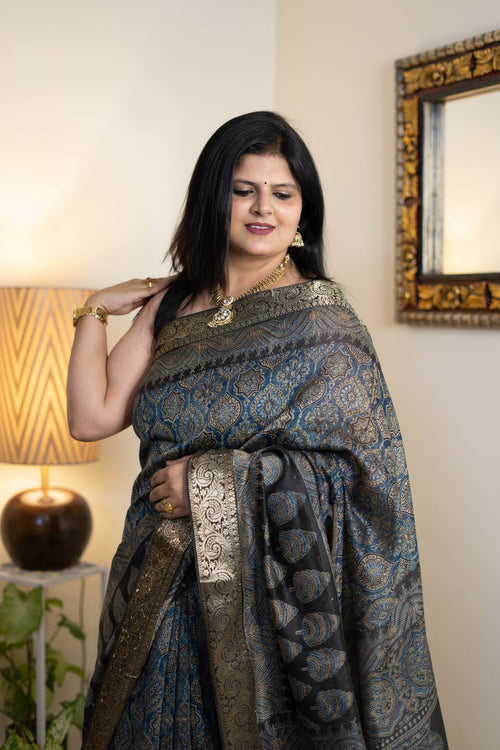 Ajrak Chanderi Silk Saree for Women – Black & Teal Ajrakh Design with Antique Gold Zari Border | Premium Soft Chanderi Silk Saree