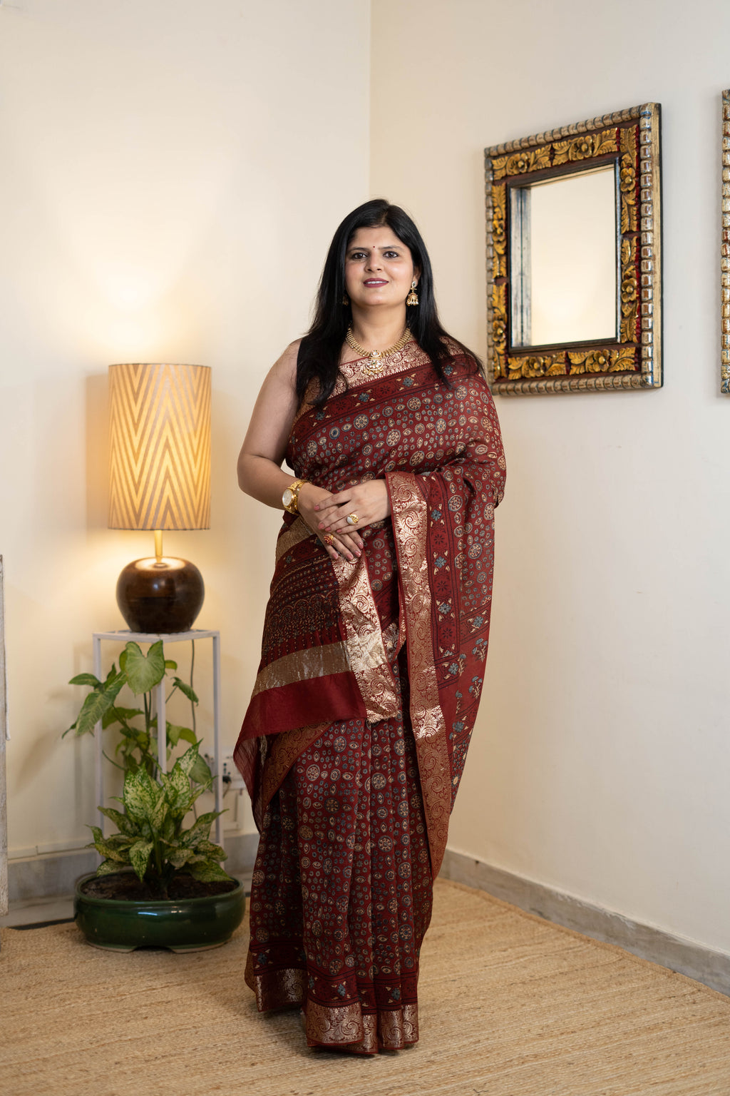 Ajrak Chanderi Silk Saree for Women – Deep Maroon Ajrakh Print with Gold Zari Border | Premium Soft Chanderi Silk Saree