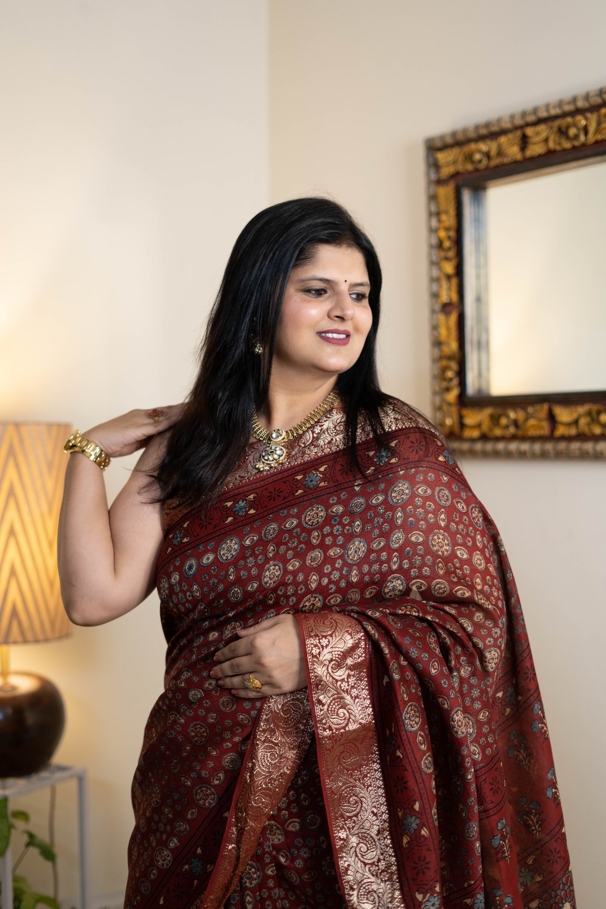 Ajrak Chanderi Silk Saree for Women – Deep Maroon Ajrakh Print with Gold Zari Border | Premium Soft Chanderi Silk Saree