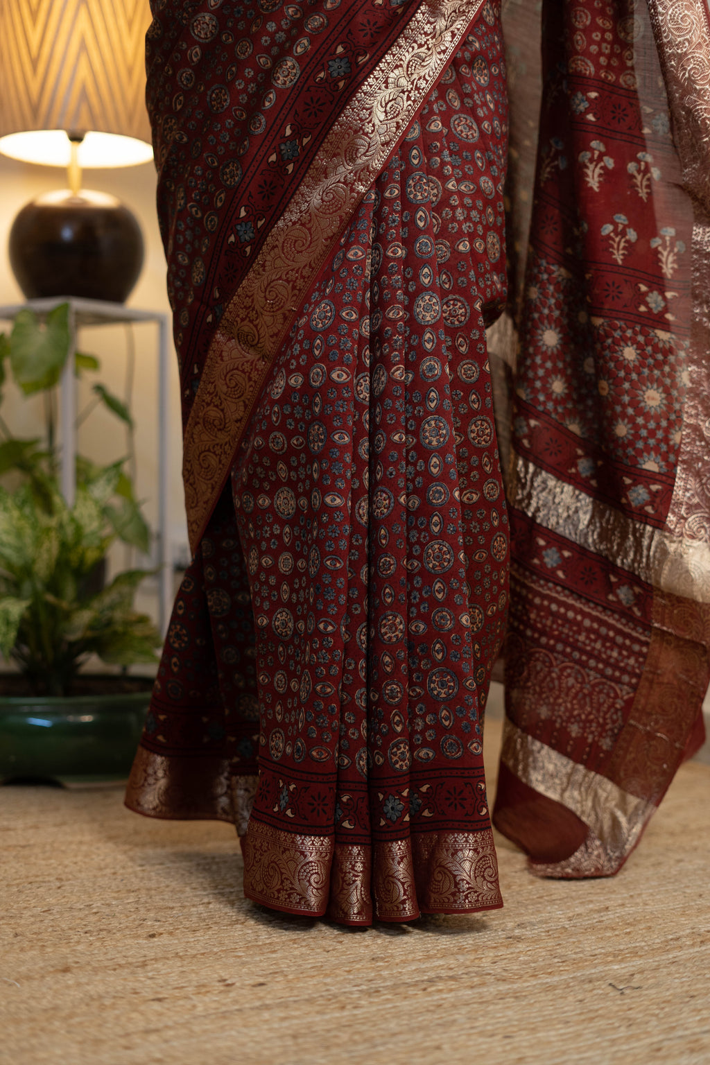 Ajrak Chanderi Silk Saree for Women – Deep Maroon Ajrakh Print with Gold Zari Border | Premium Soft Chanderi Silk Saree