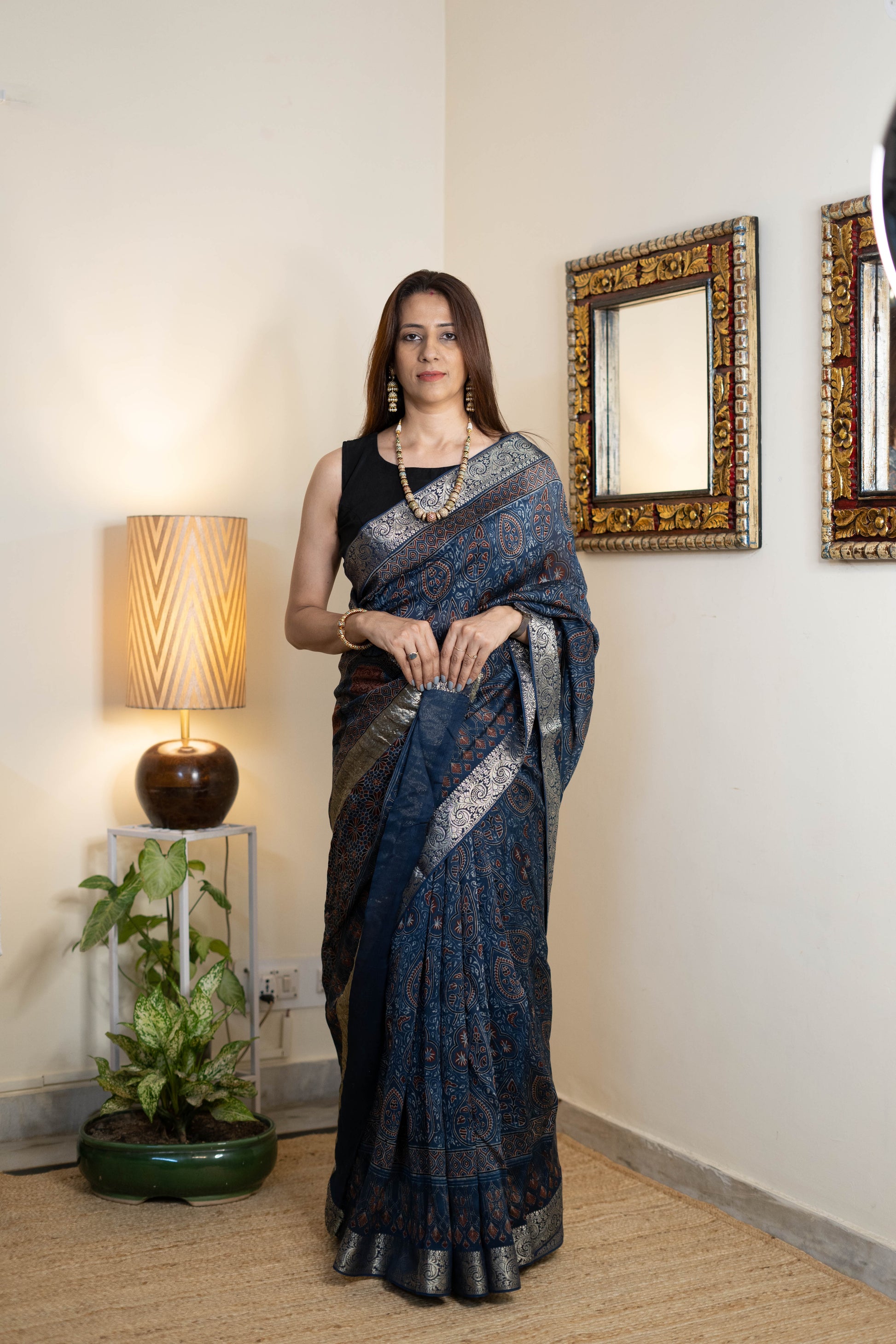 Ajrak Chanderi Silk Saree for Women – Navy Blue Ajrakh Print with Antique Silver-Copper Zari Border | Premium Soft Chanderi Silk Saree