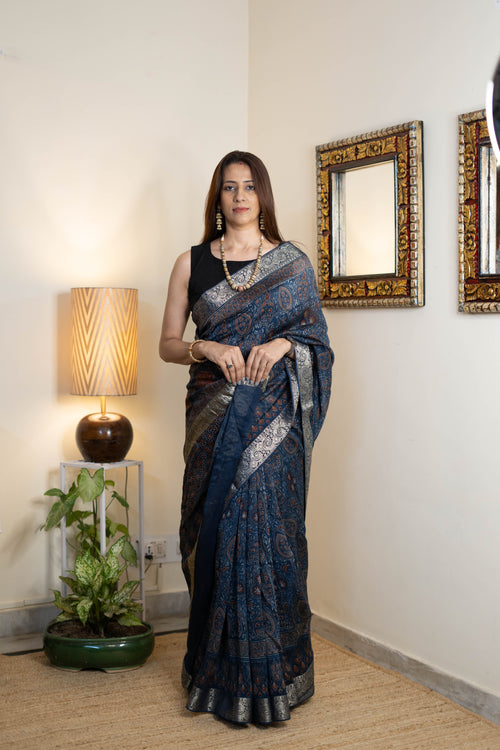 Ajrak Chanderi Silk Saree for Women – Navy Blue Ajrakh Print with Antique Silver-Copper Zari Border | Premium Soft Chanderi Silk Saree