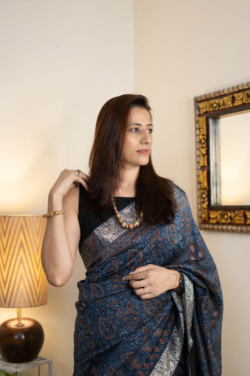 Ajrak Chanderi Silk Saree for Women – Navy Blue Ajrakh Print with Antique Silver-Copper Zari Border | Premium Soft Chanderi Silk Saree
