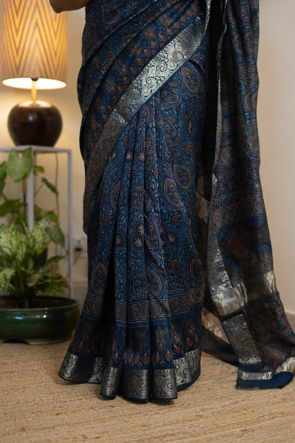 Ajrak Chanderi Silk Saree for Women – Navy Blue Ajrakh Print with Antique Silver-Copper Zari Border | Premium Soft Chanderi Silk Saree