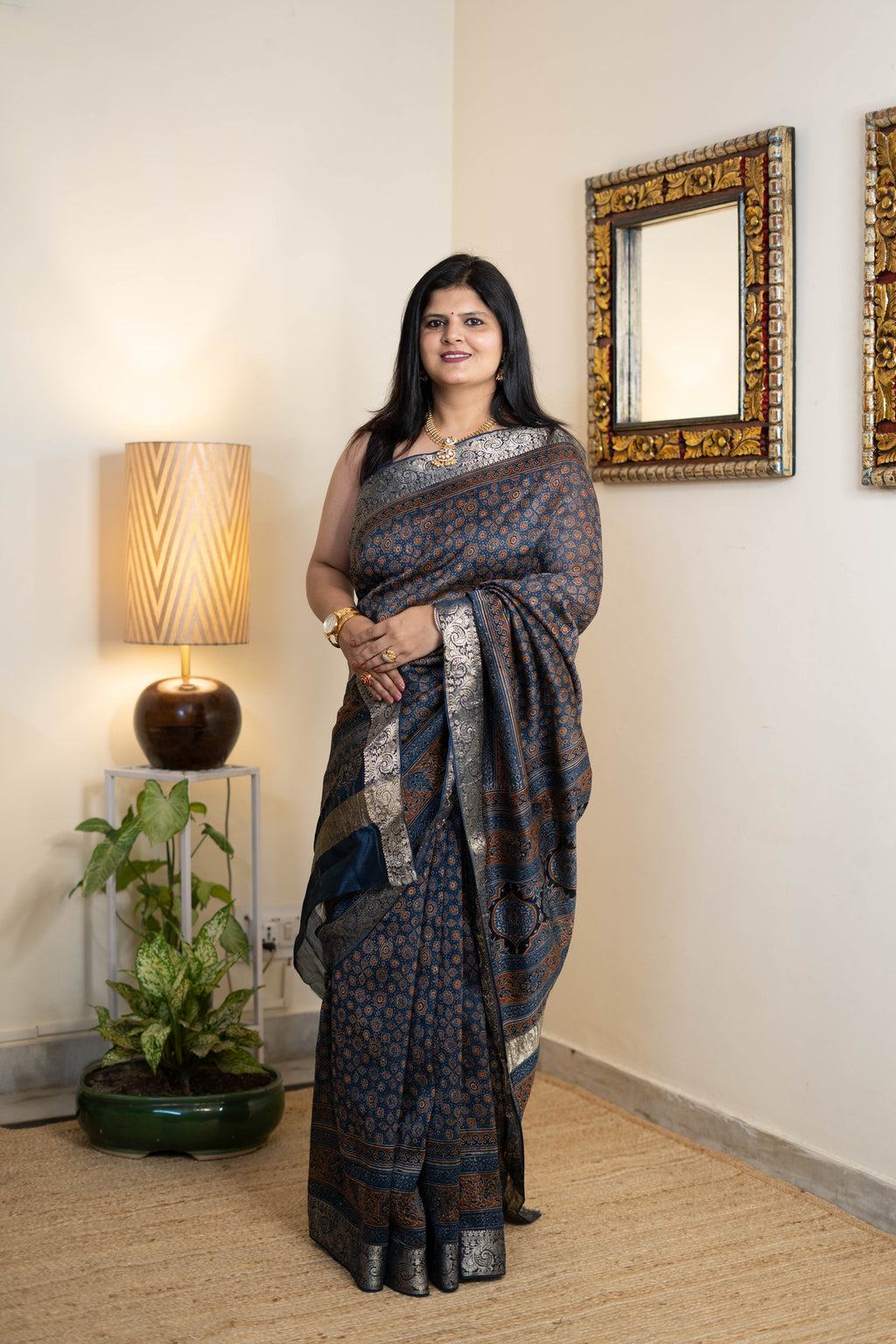 Ajrak Chanderi Silk Saree for Women – Navy Blue Ajrakh Print with Antique Silver-Copper Zari Border | Premium Soft Chanderi Silk Saree